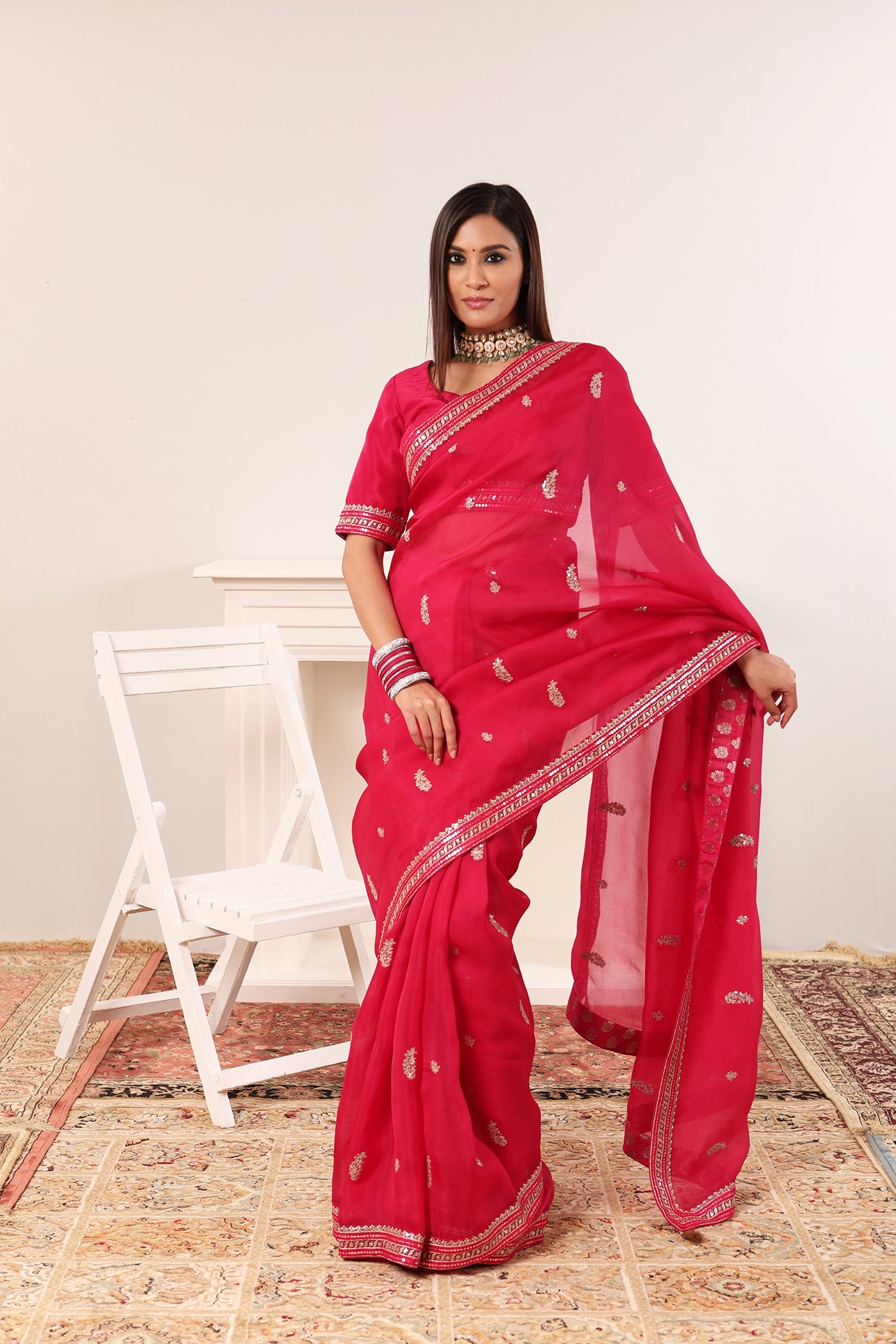 Priya Banerjee in Bridal-Red Embroidered Pure Silk-Organza Saree-Blouse Set