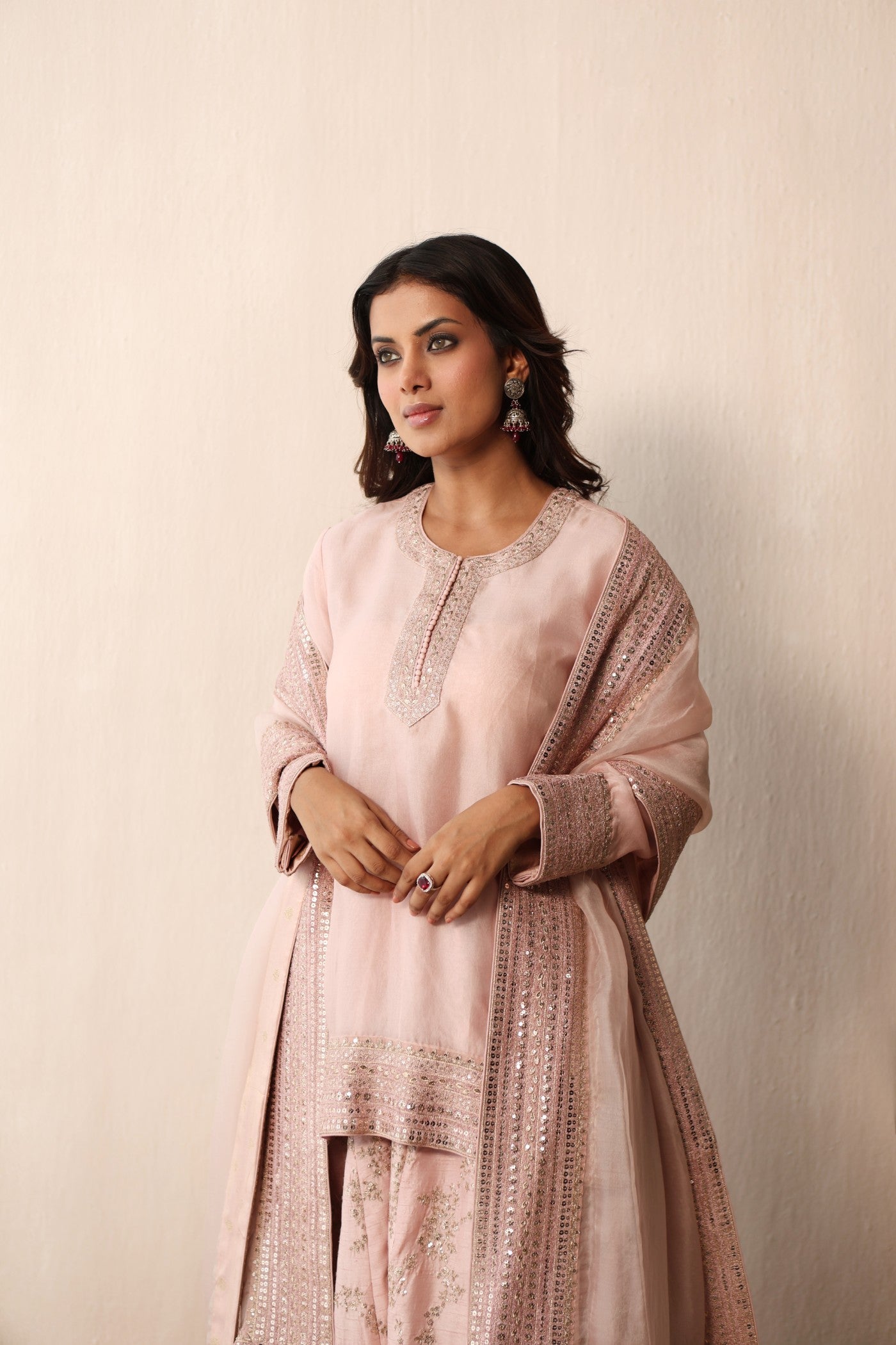 BABY-PINK HAND-EMBROIDERED PURE SILK-ORGANZA SHORT-KURTA-SHARARA SET