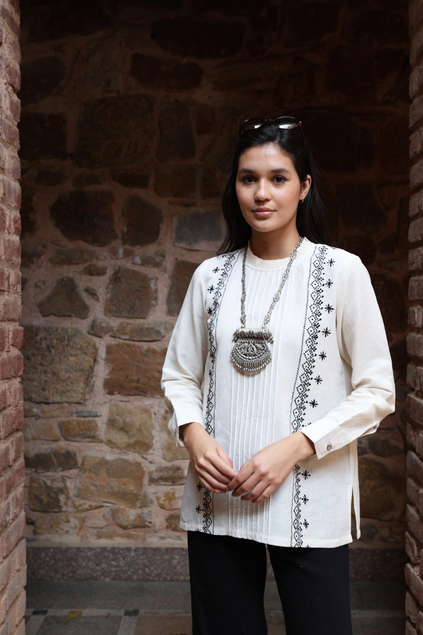 Ivory Embroidered Pure Linen-Cotton Pintuked Short Blouse With Frilled Collar