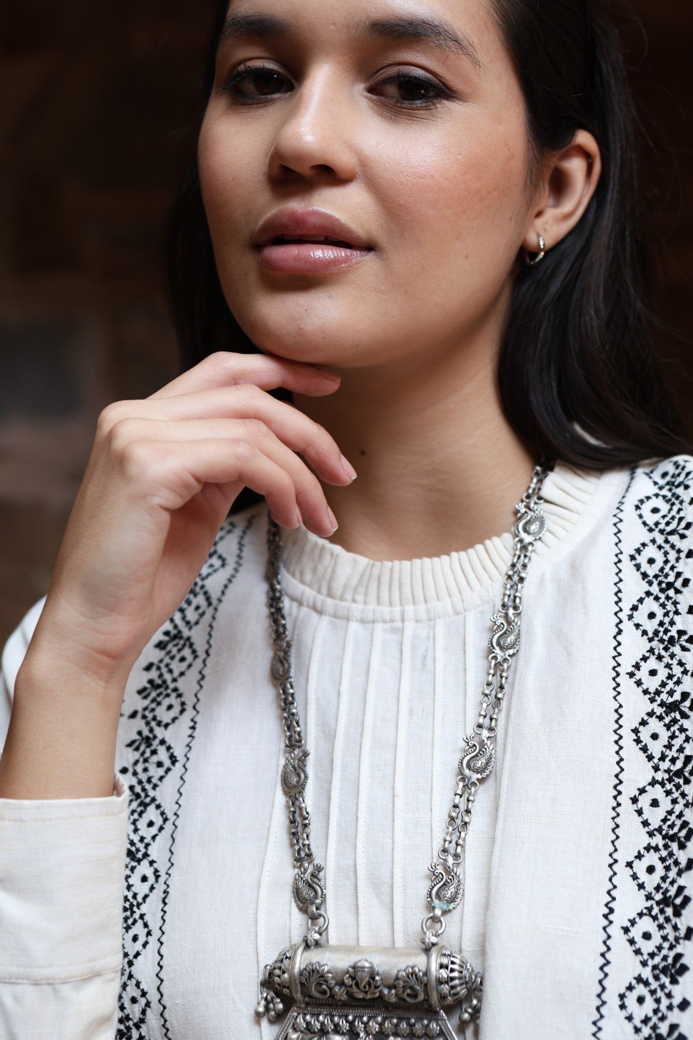 Ivory Embroidered Pure Linen-Cotton Pintuked Short Blouse With Frilled Collar