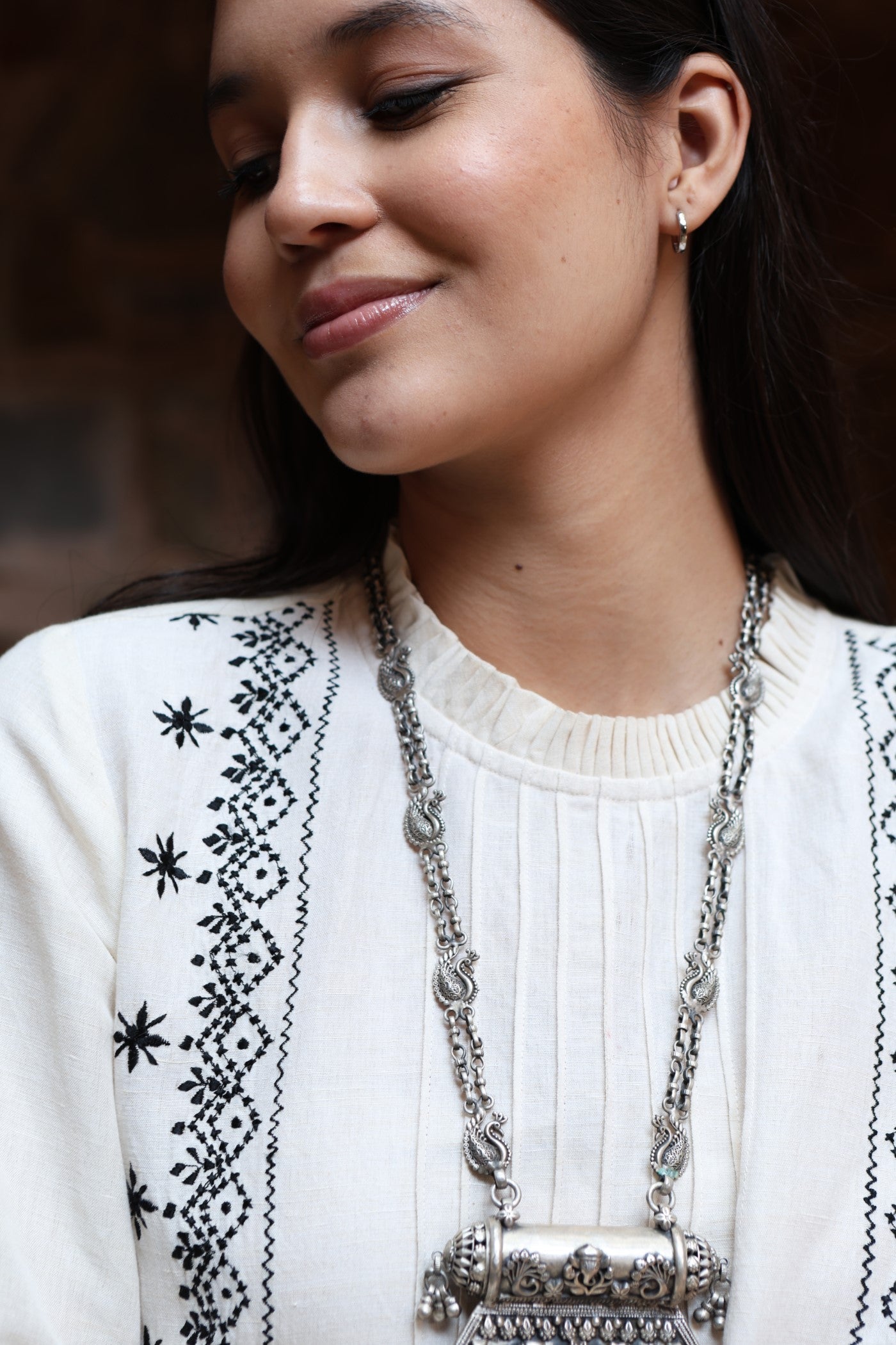 Ivory Embroidered Pure Linen-Cotton Pintuked Short Blouse With Frilled Collar