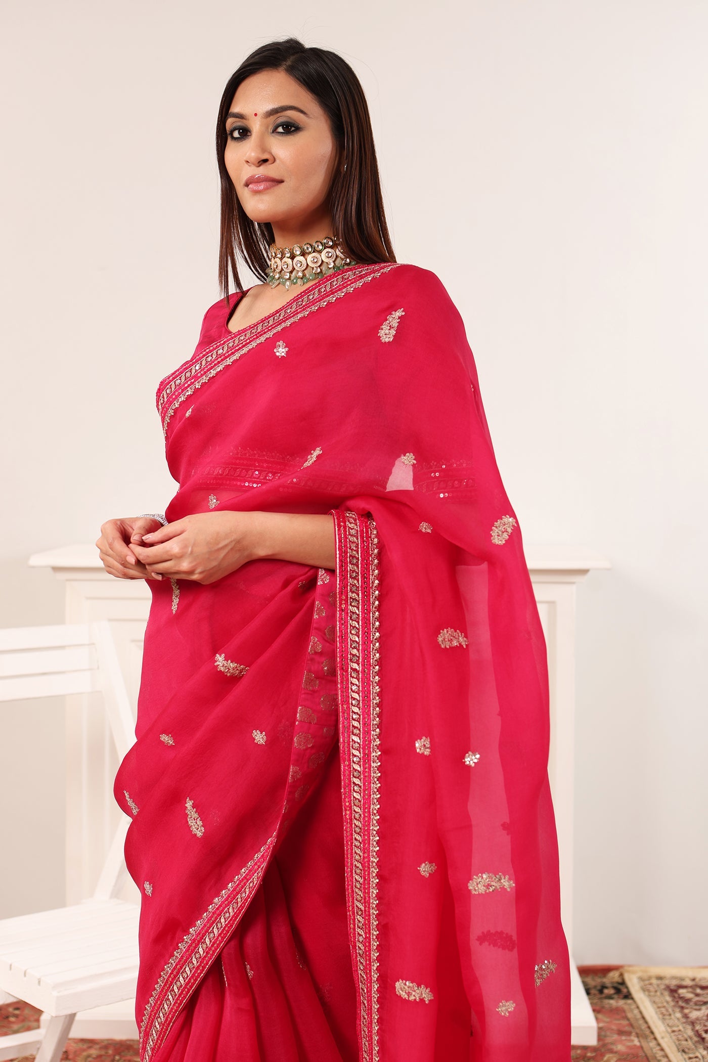 Priya Banerjee in Bridal-Red Embroidered Pure Silk-Organza Saree-Blouse Set