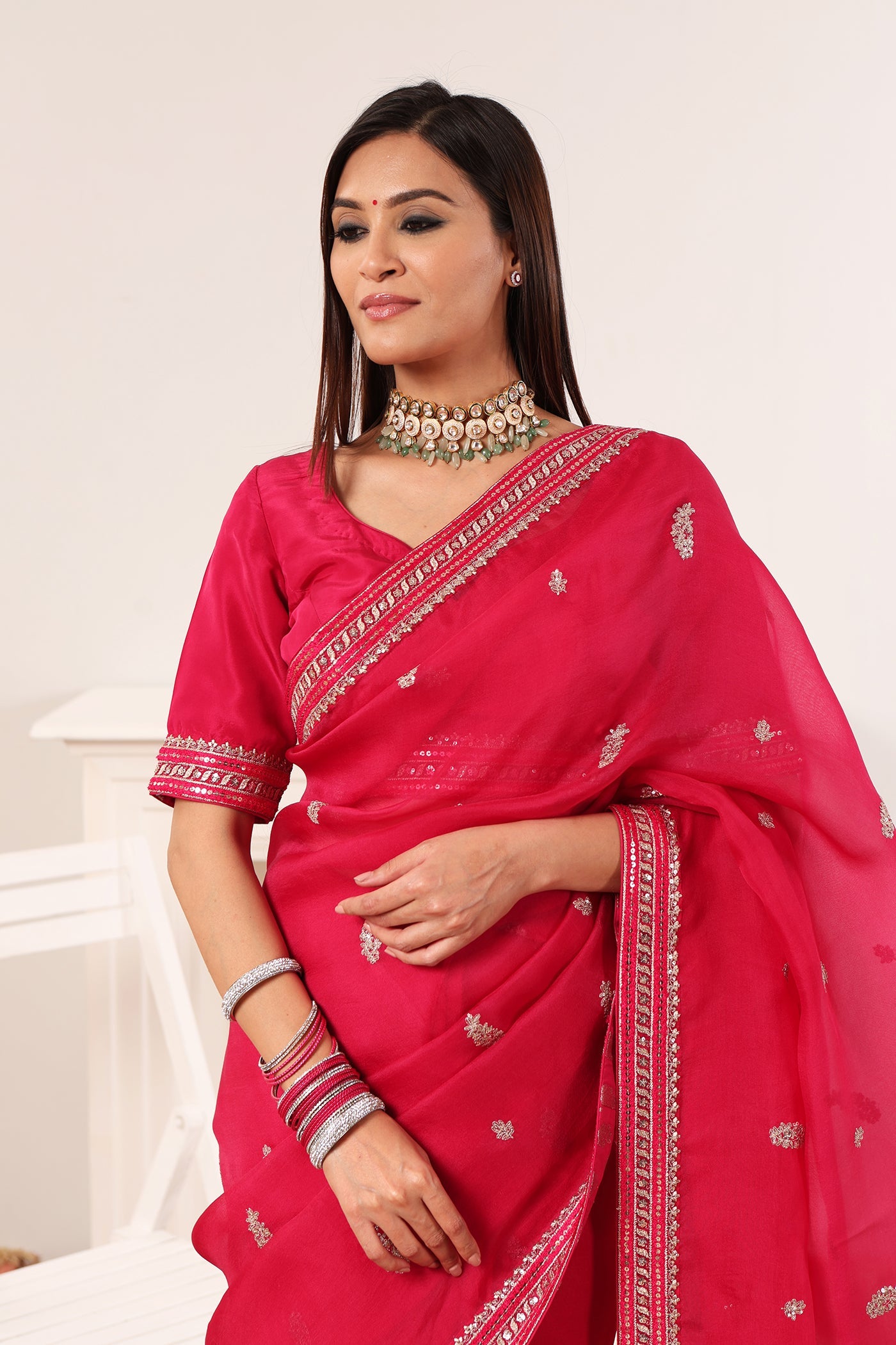 Priya Banerjee in Bridal-Red Embroidered Pure Silk-Organza Saree-Blouse Set