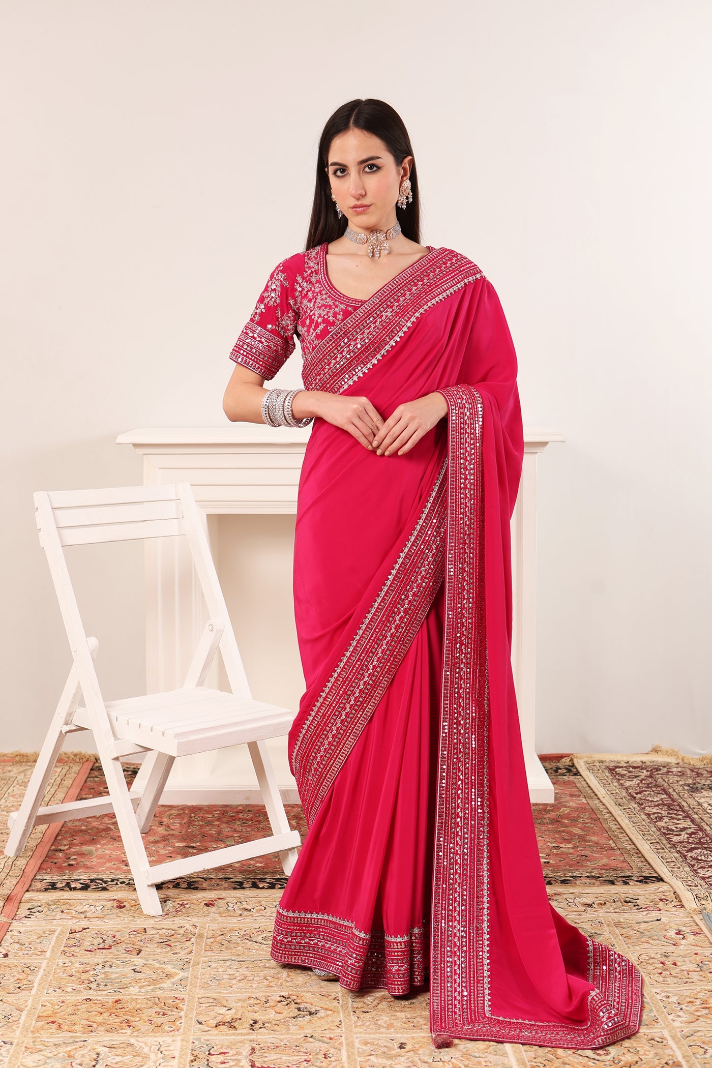 Light-Wine Embroidered Pure Crepe-Silk Saree-Blouse Set