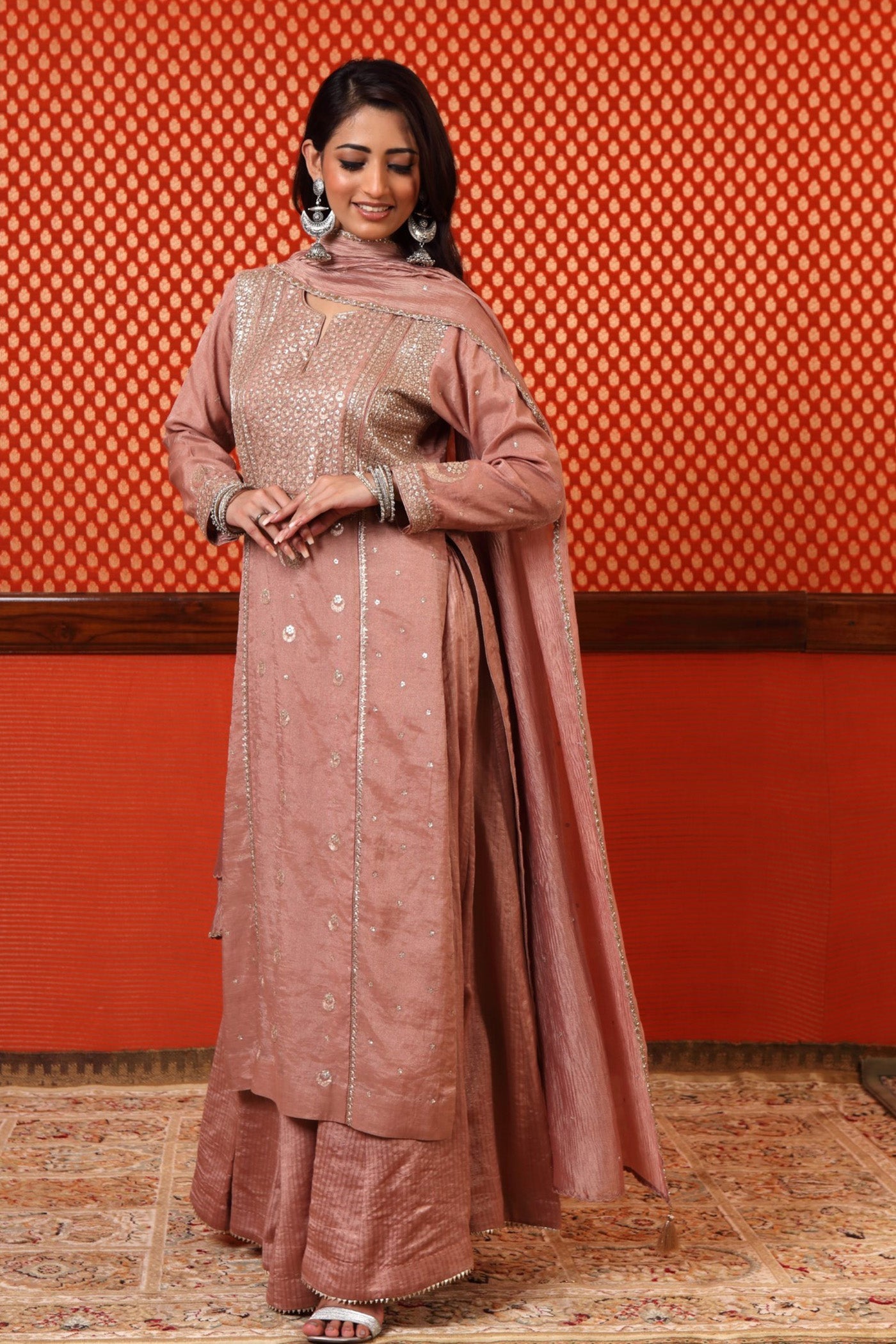 Hand Embroidered Rose Brown Pure Metallic Cotton Silk Kurta Sharara Set