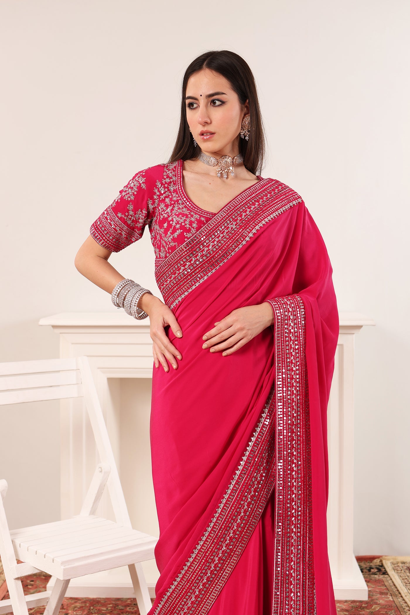 Light-Wine Embroidered Pure Crepe-Silk Saree-Blouse Set