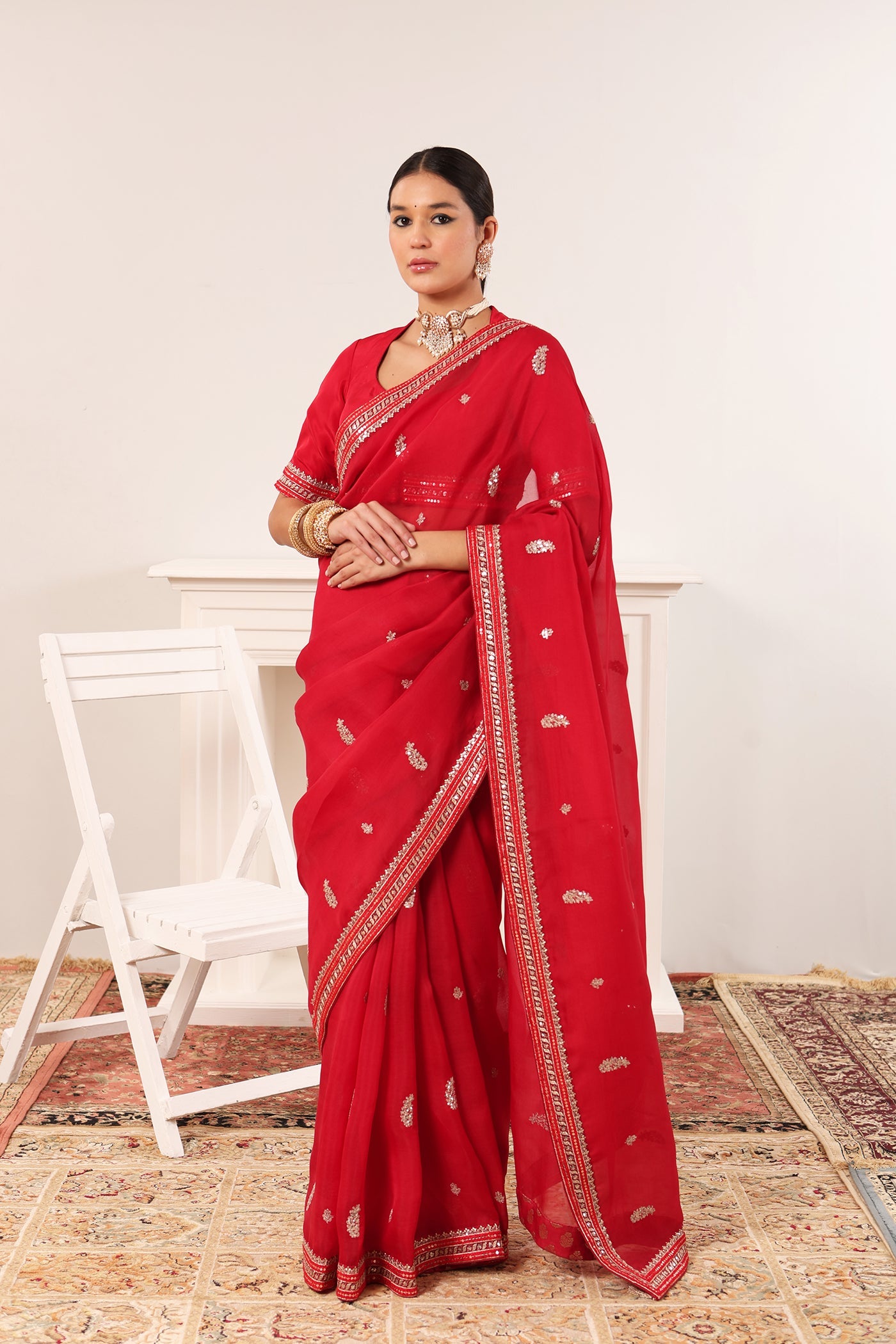 Old-Rose Embroidered Pure Silk-Organza Saree-Blouse Set