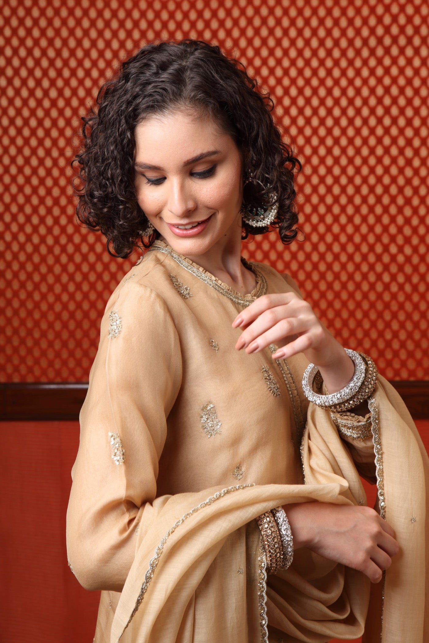 Hand Embroidered Sand Beige Pure Silk Organza Kurta Pants Set