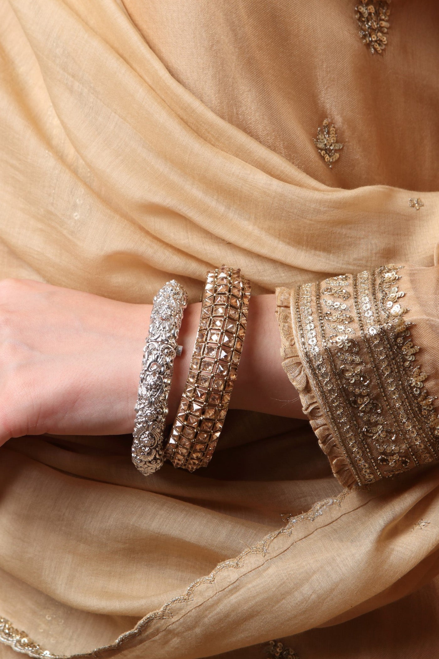 Hand Embroidered Sand Beige Pure Silk Organza Kurta Pants Set