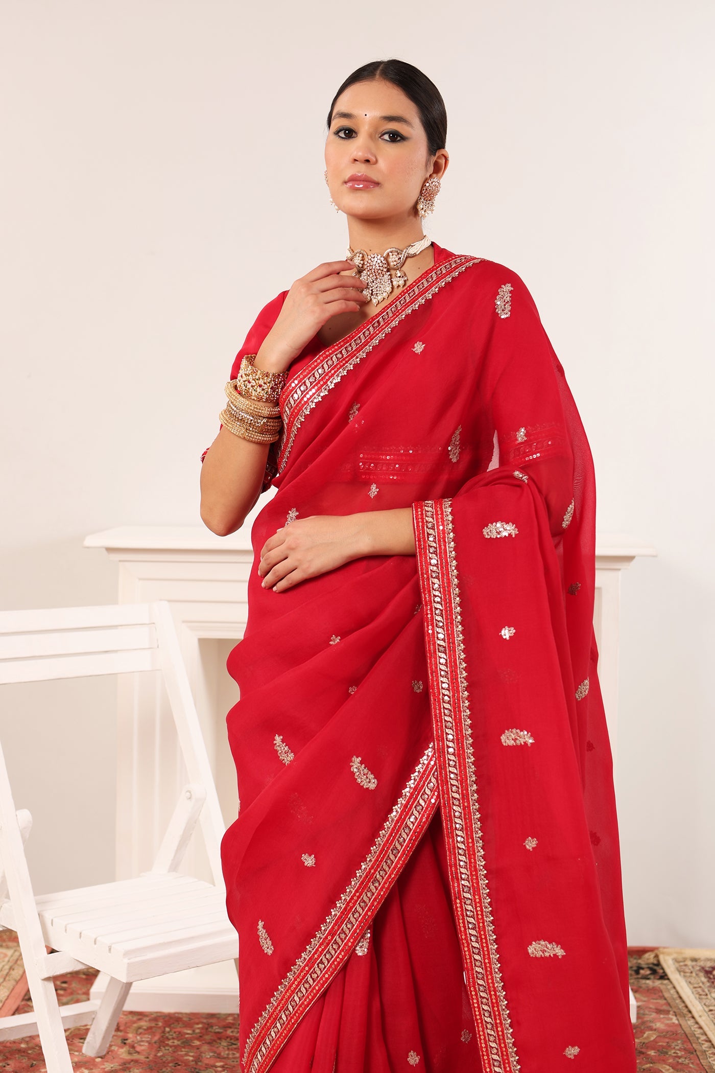 Old-Rose Embroidered Pure Silk-Organza Saree-Blouse Set