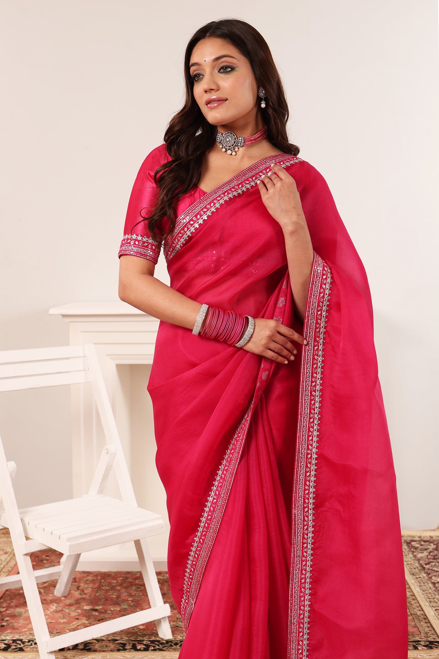 Rani-Pink Embroidered Pure Silk-Organza Saree-Blouse Set