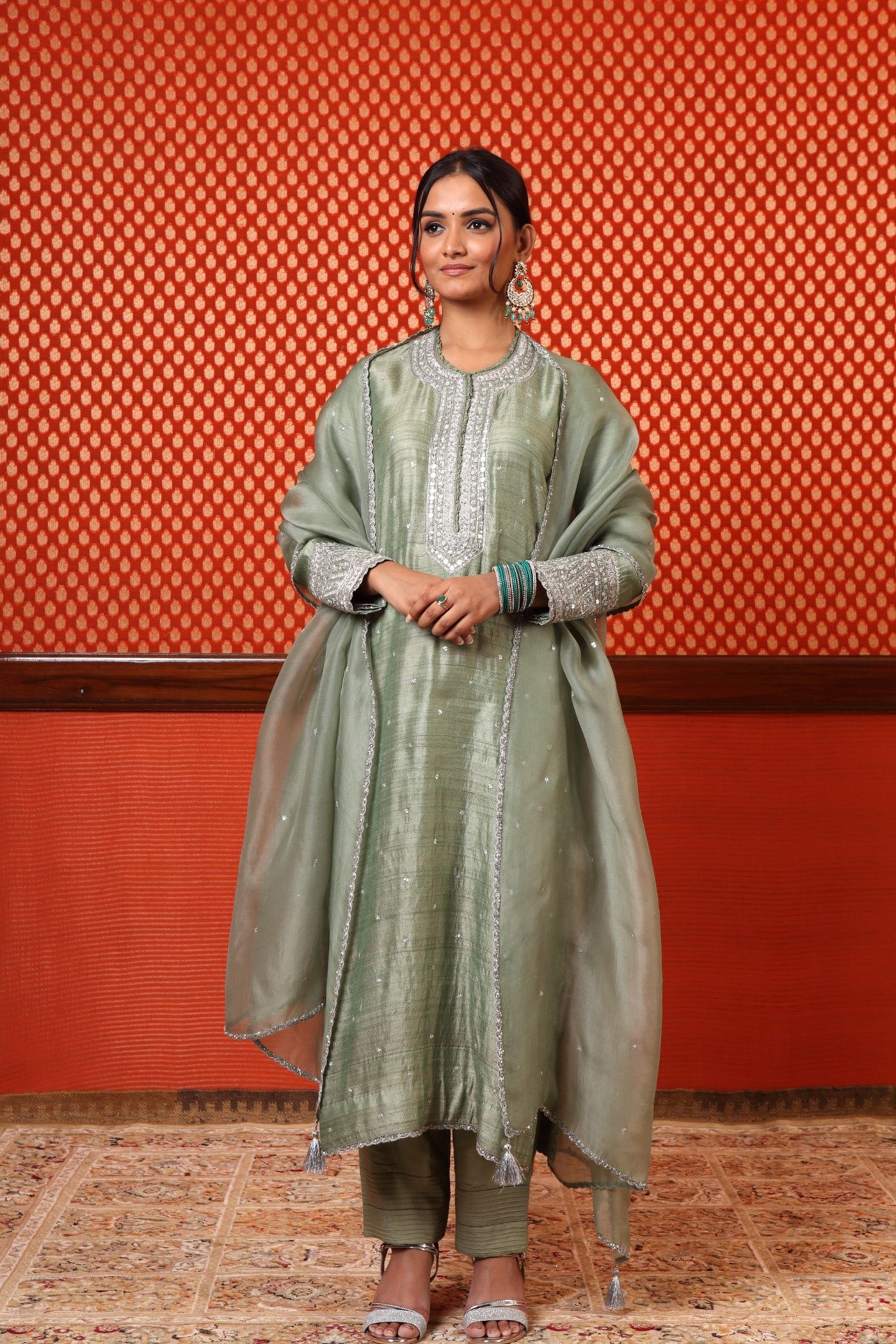 Hand Embroidered Dusty Fern Green Pure Tussar Georgette Kurta Pants Set