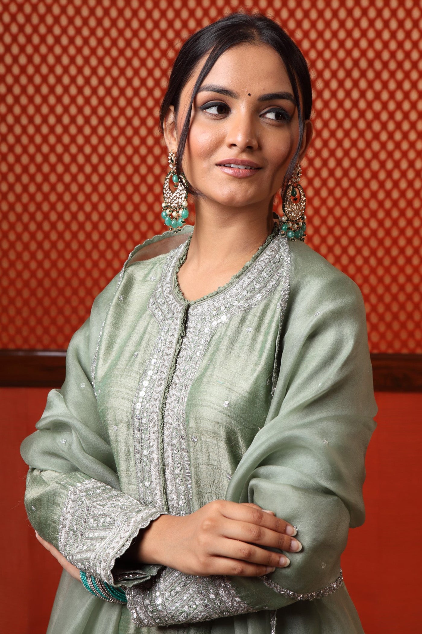 Hand Embroidered Dusty Fern Green Pure Tussar Georgette Kurta Pants Set