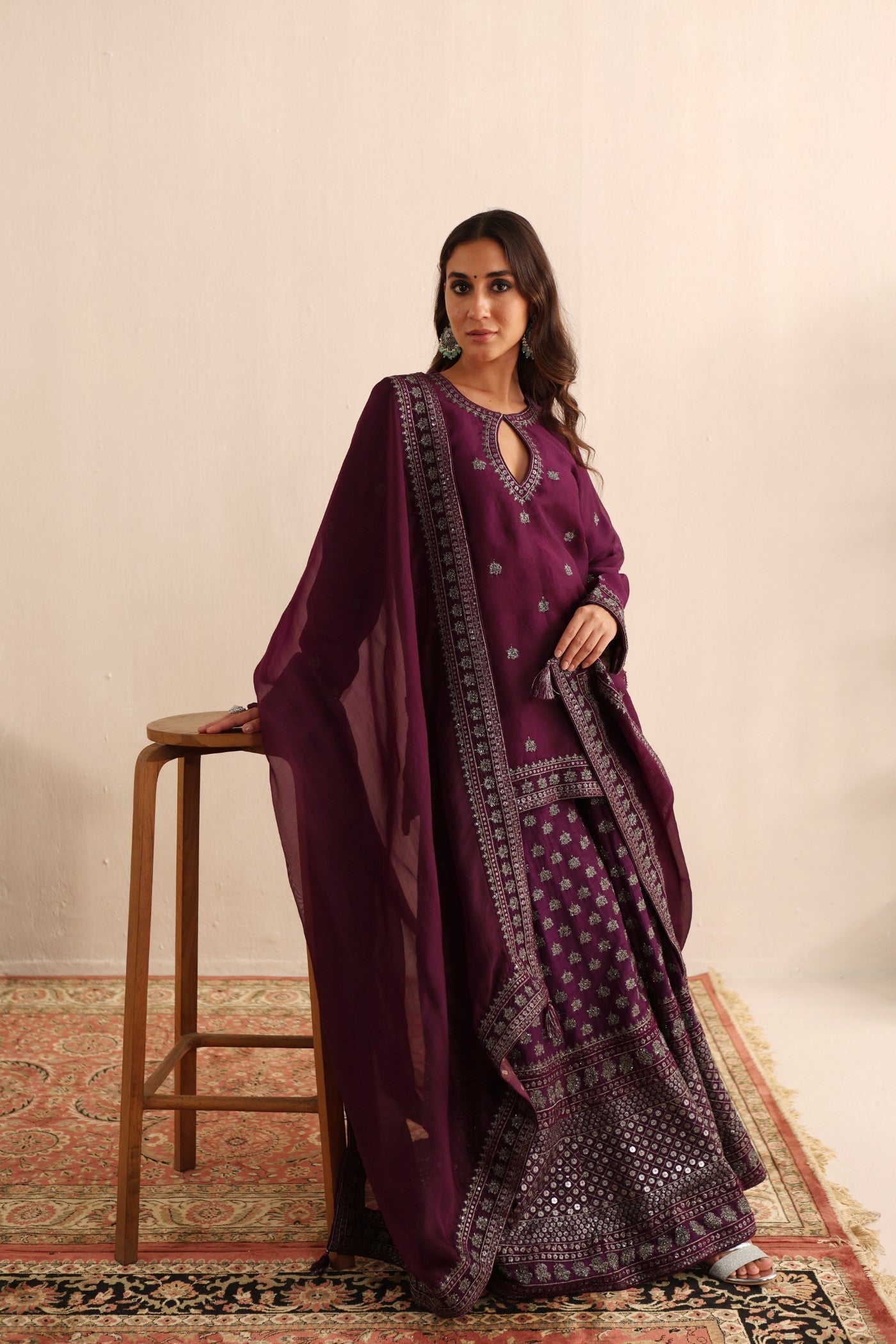 Purple Hand-Embroidered Pure Silk-Organza Short-Kurta-Sharara Set Paired With Pure Silk-Organza Dupatta