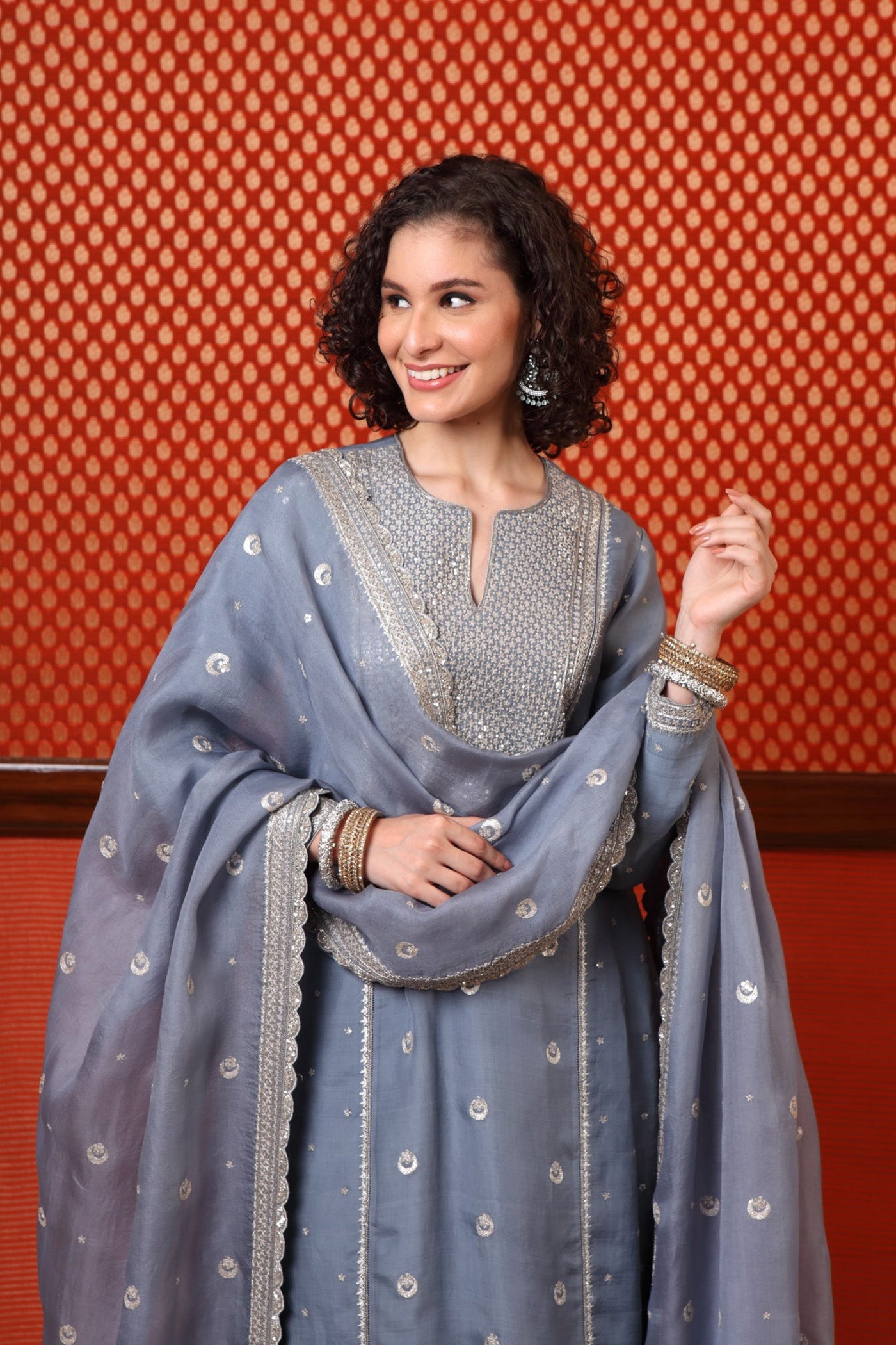 Hand Embroidered Shadow Blue Pure Katan Silk Chand Buta Kurta Sharara Set (B)
