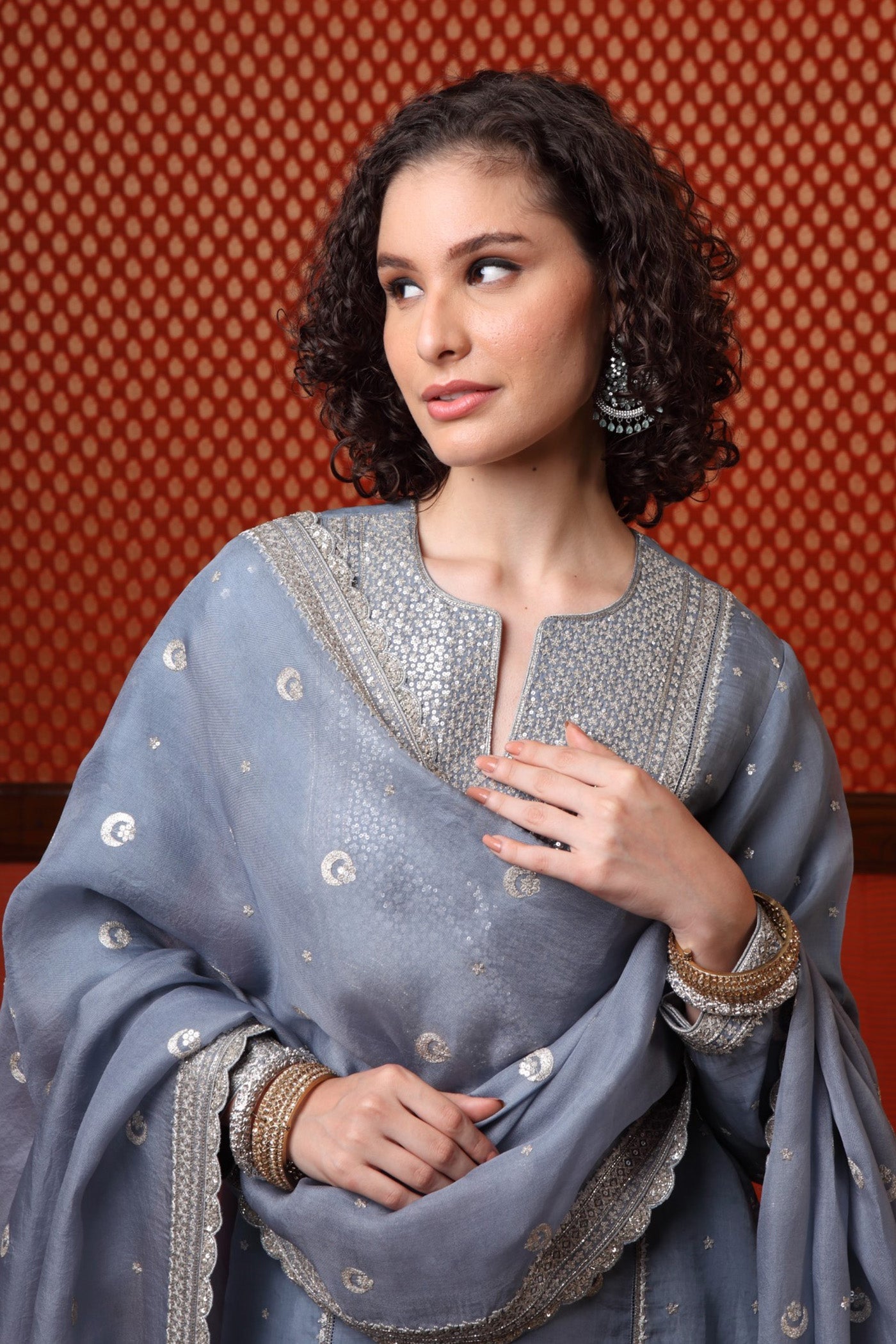Hand Embroidered Shadow Blue Pure Katan Silk Chand Buta Kurta Sharara Set (B)