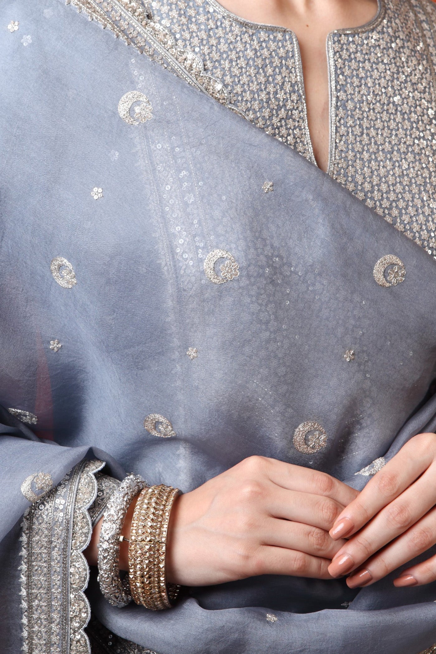 Hand Embroidered Shadow Blue Pure Katan Silk Chand Buta Kurta Sharara Set (B)