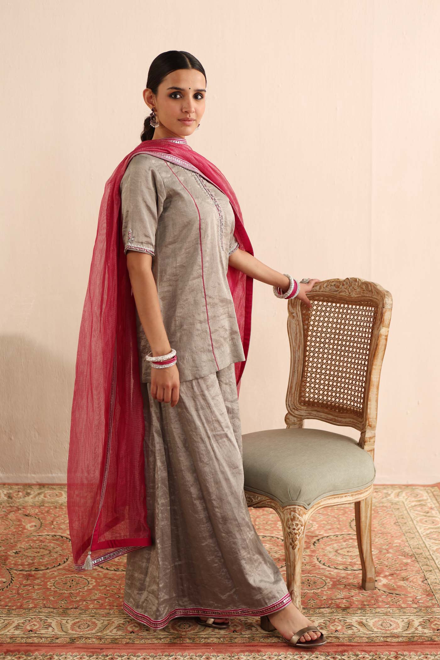 Silver Handloom Pure Metallic-Silk (Silver Tissue) Hand-Embroidered Short-Kurta-Sharara Set With Rani-Pink Pure Kota-Silk Dupatta