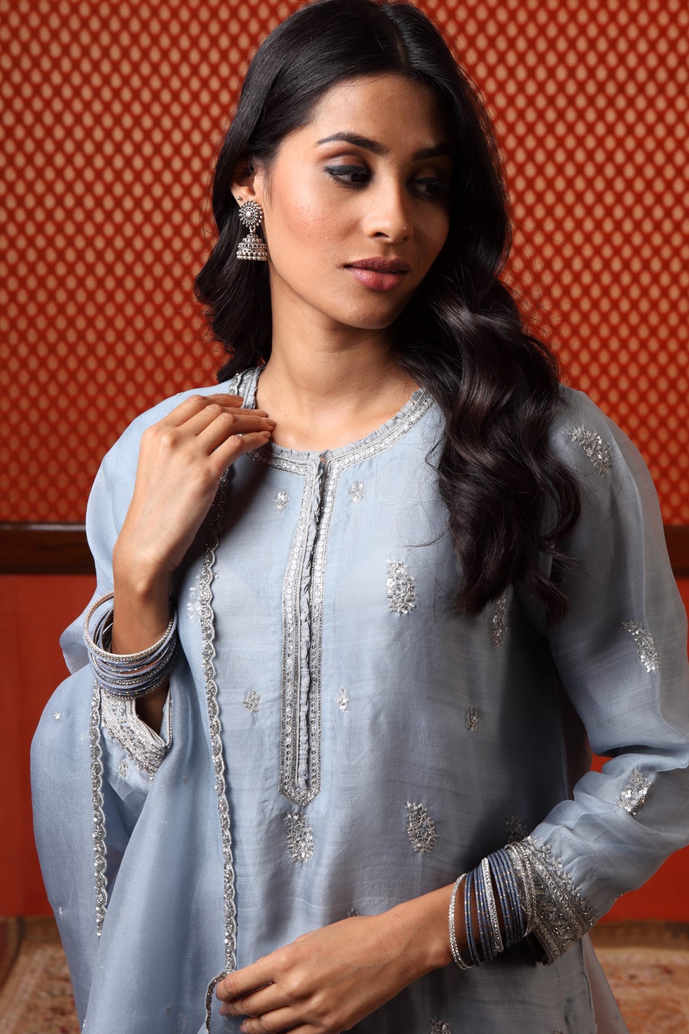 Hand Embroidered Stone Blue Pure Katan Silk Kurta Pants Set