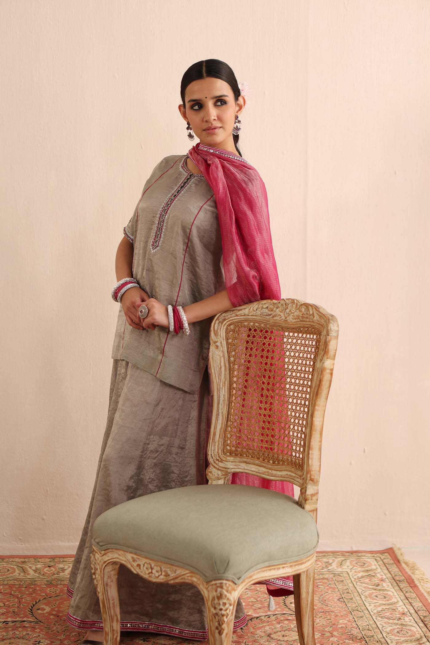 Silver Handloom Pure Metallic-Silk (Silver Tissue) Hand-Embroidered Short-Kurta-Sharara Set With Rani-Pink Pure Kota-Silk Dupatta