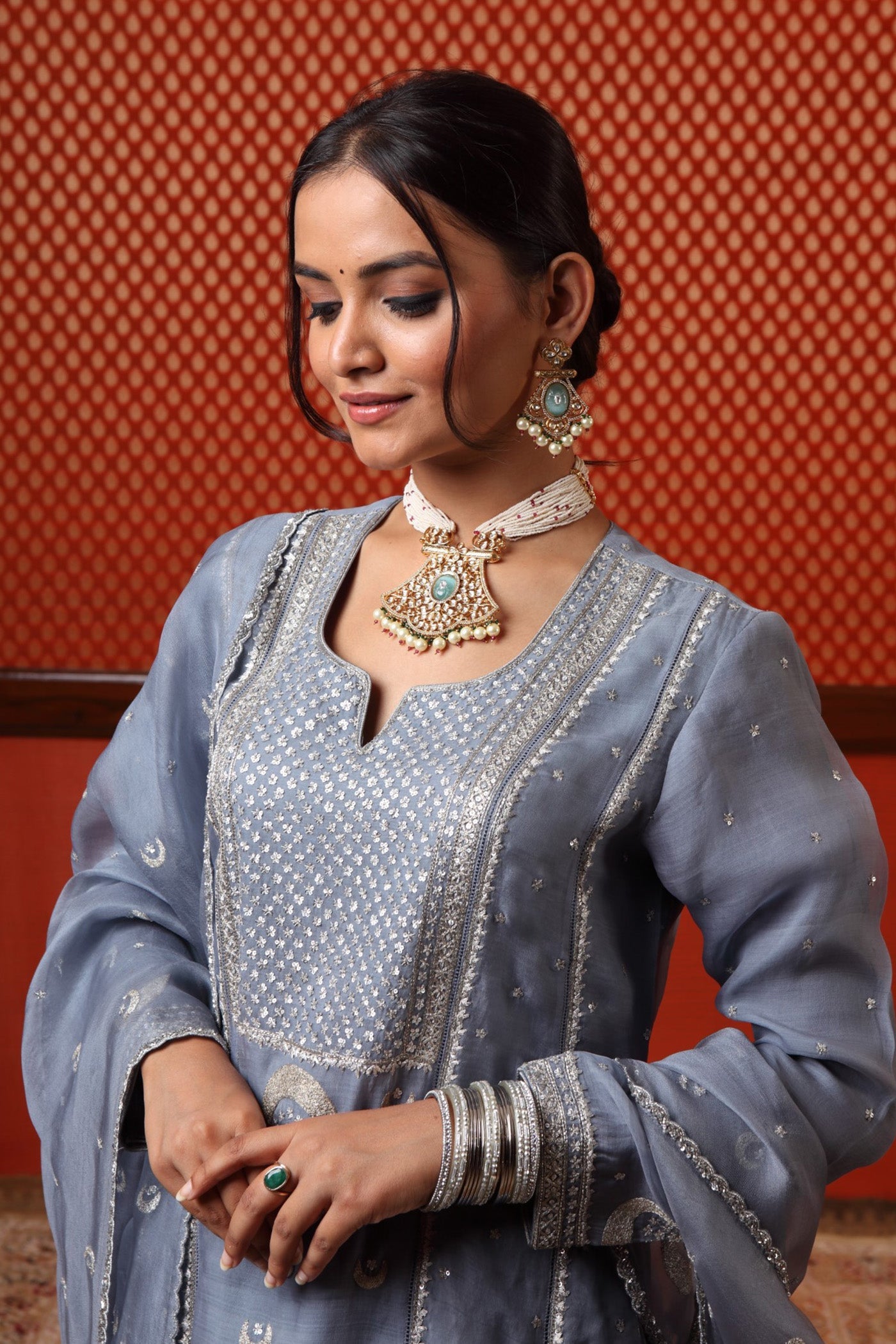 Hand Embroidered Shadow Blue Pure Katan Silk Chand Buta Kurta Sharara Set (A)