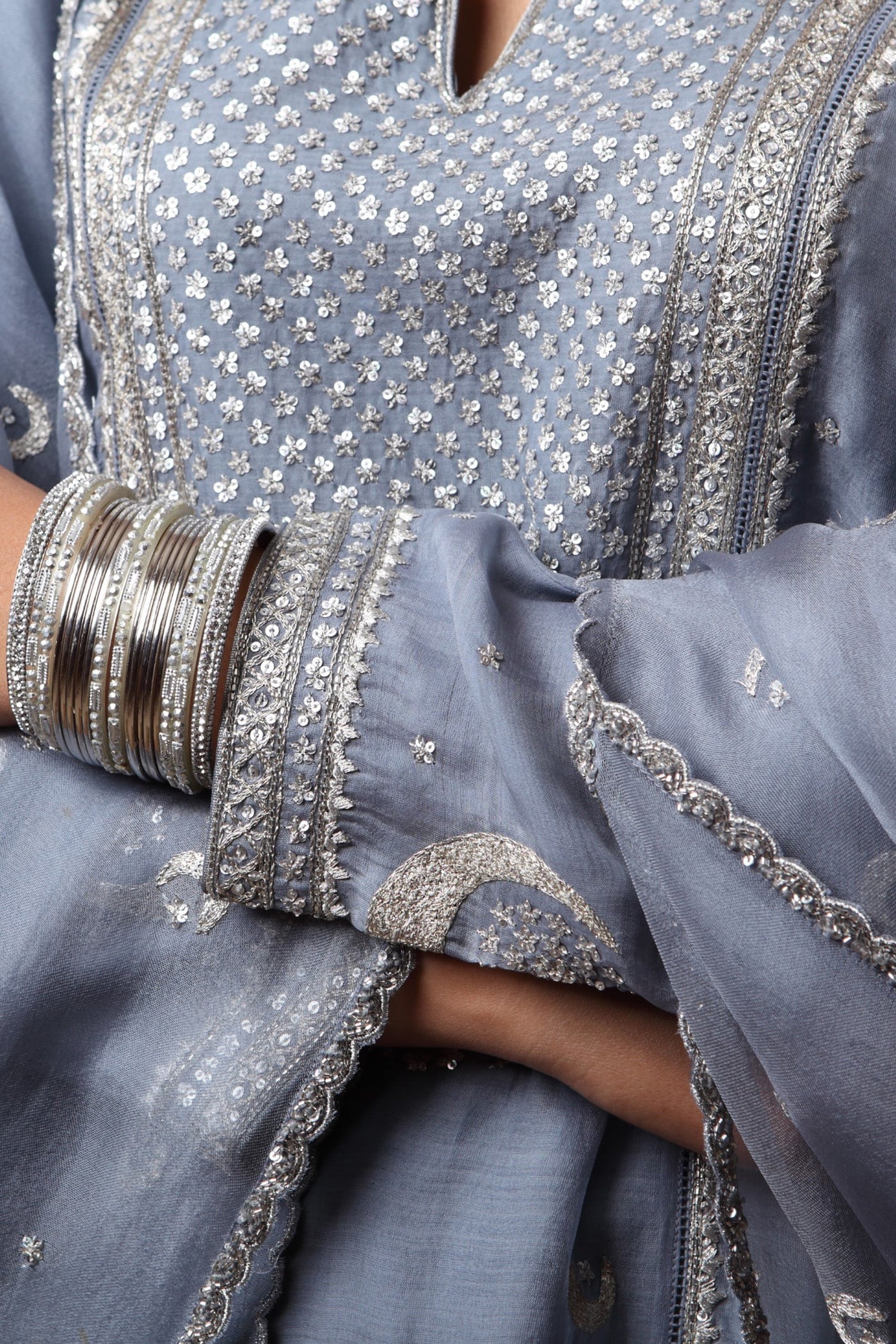 Hand Embroidered Shadow Blue Pure Katan Silk Chand Buta Kurta Sharara Set (A)