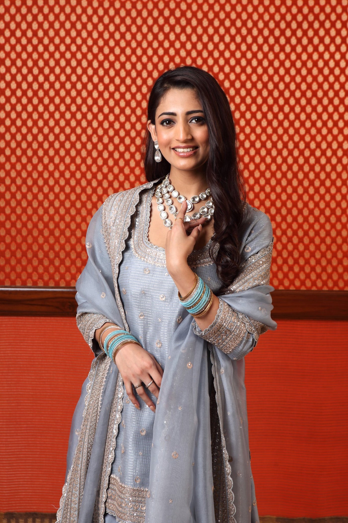 Hand Embroidered Dusty Sky Blue Pure Katan Silk Short Kurta Sharara Set
