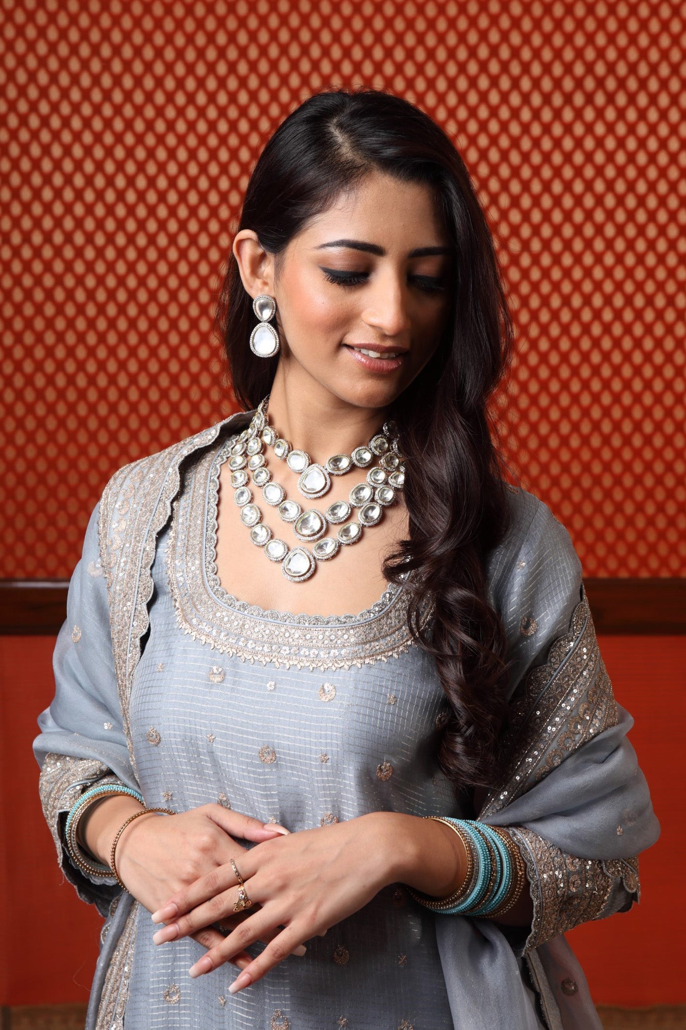 Hand Embroidered Dusty Sky Blue Pure Katan Silk Short Kurta Sharara Set