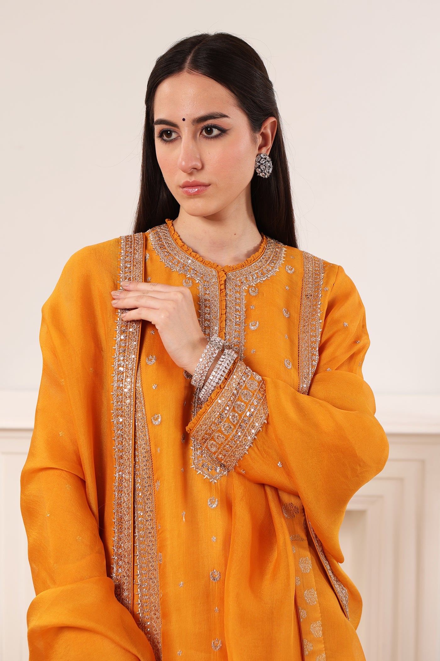 Mango-Yellow Hand-Embroidered Pure Silk-Organza Kurta-Pants Set