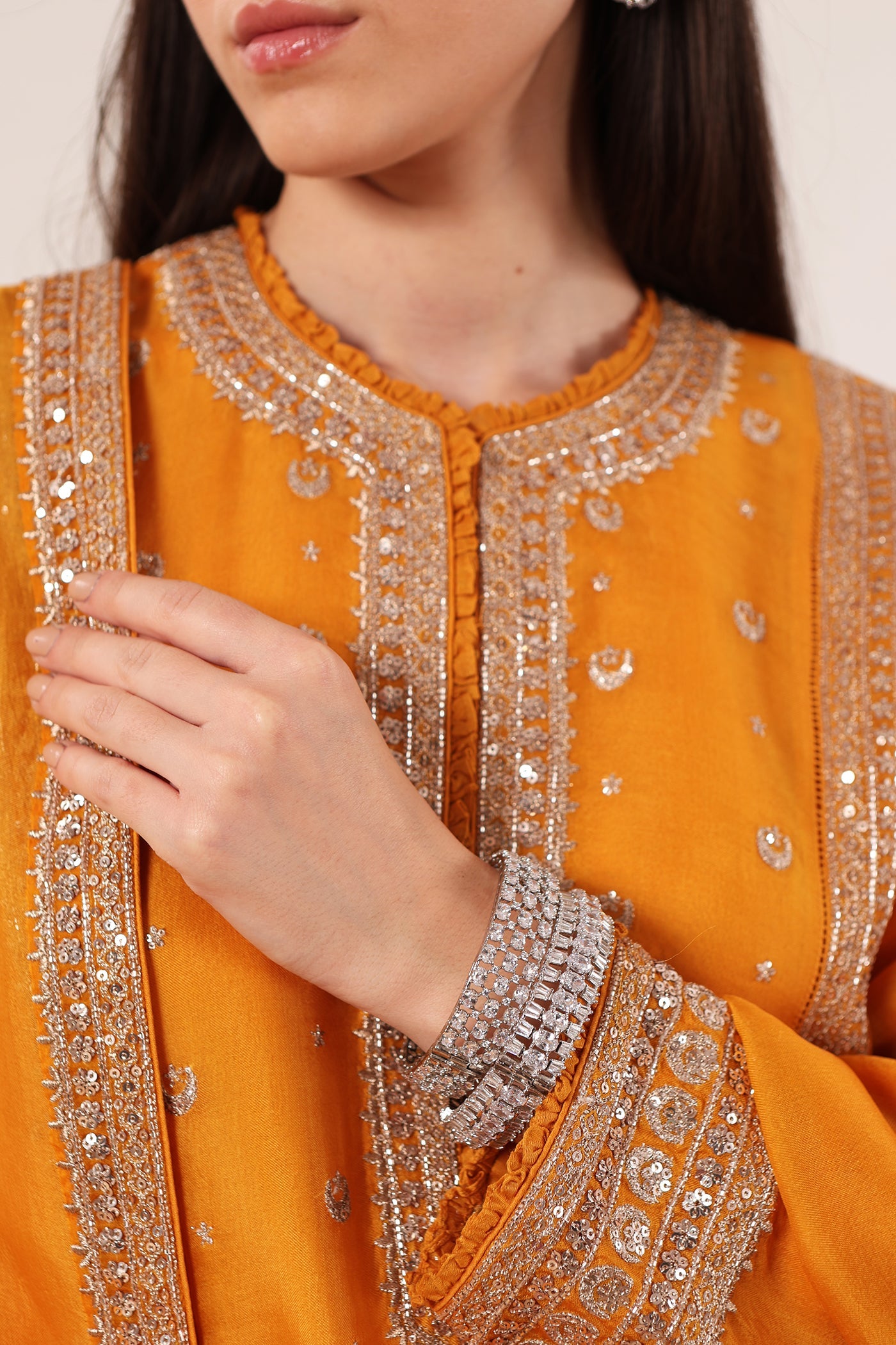 Mango-Yellow Hand-Embroidered Pure Silk-Organza Kurta-Pants Set