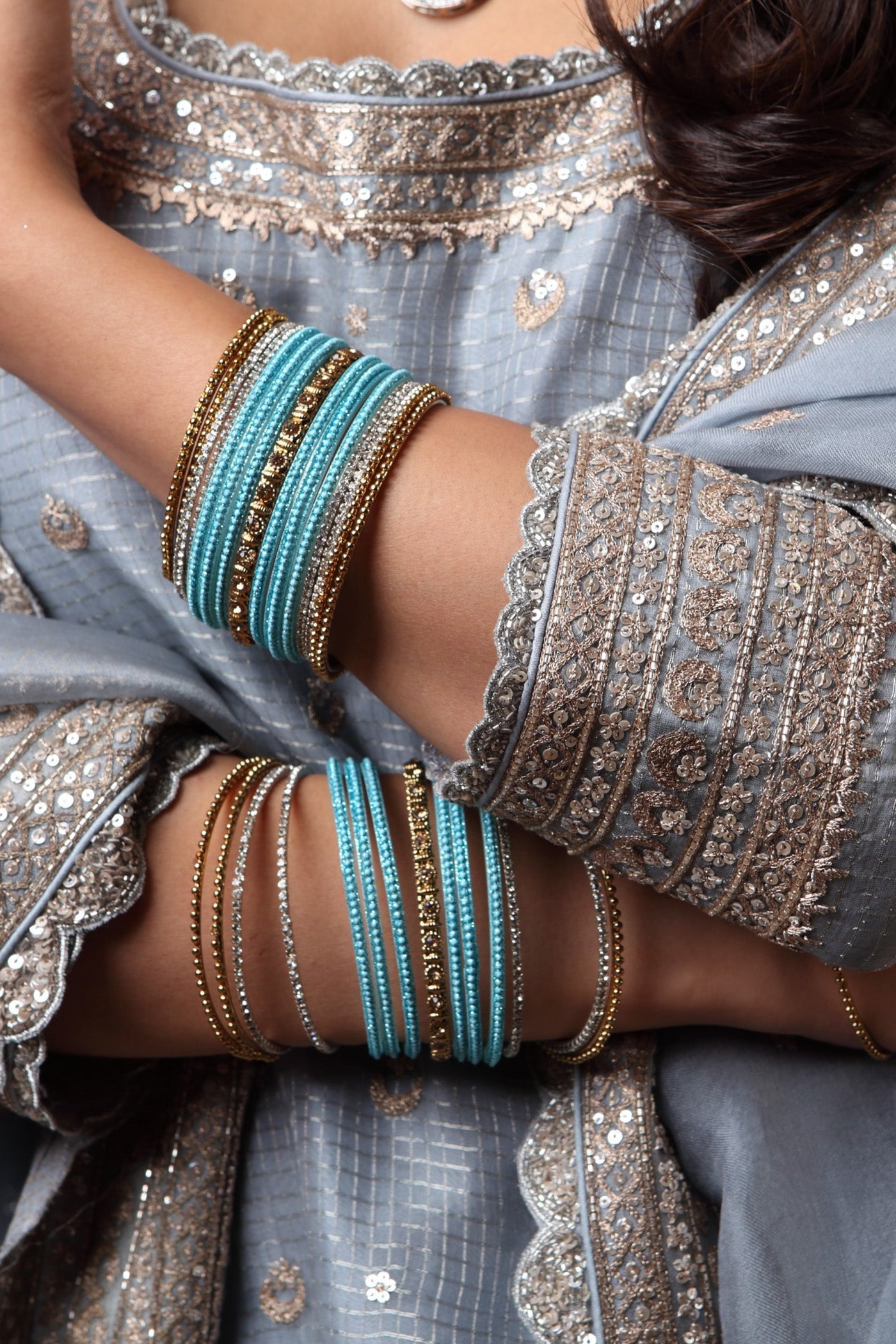 Hand Embroidered Dusty Sky Blue Pure Katan Silk Short Kurta Sharara Set