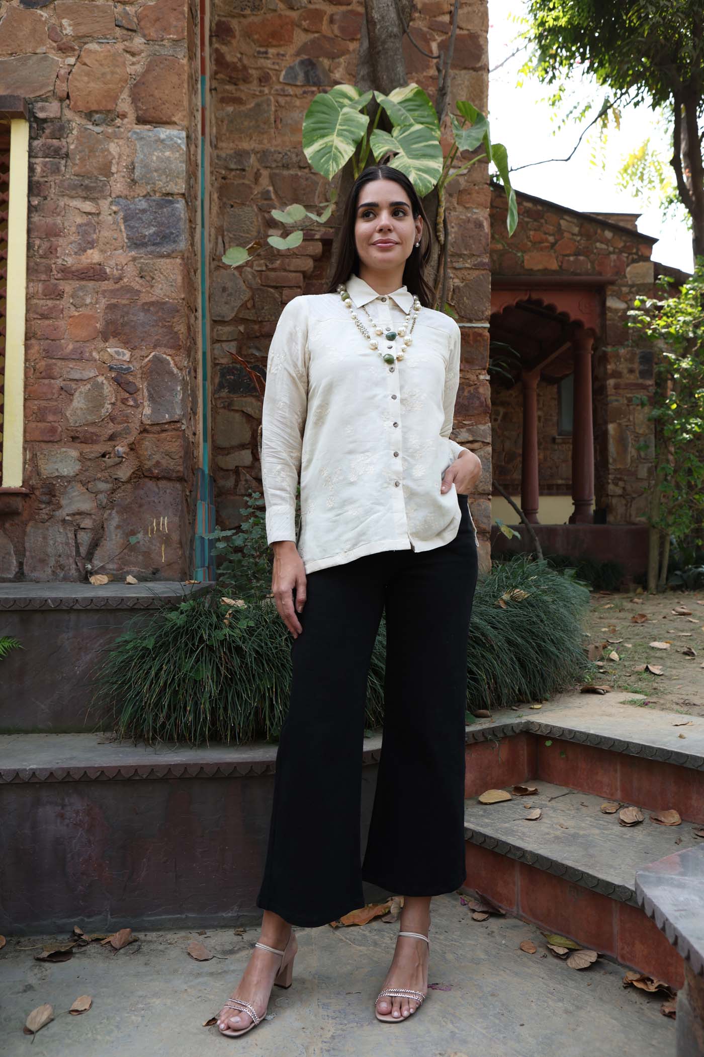 Ivory Embroidered Handloom Pure Linen-Cotton Collared Short-Blouse With Striped Shoulder-Yoke And Cuffs