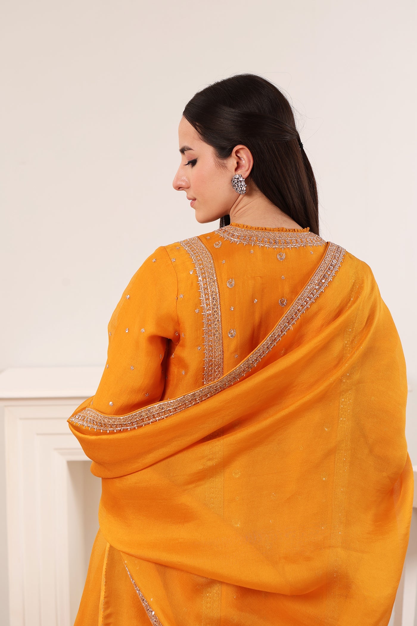 Mango-Yellow Hand-Embroidered Pure Silk-Organza Kurta-Pants Set