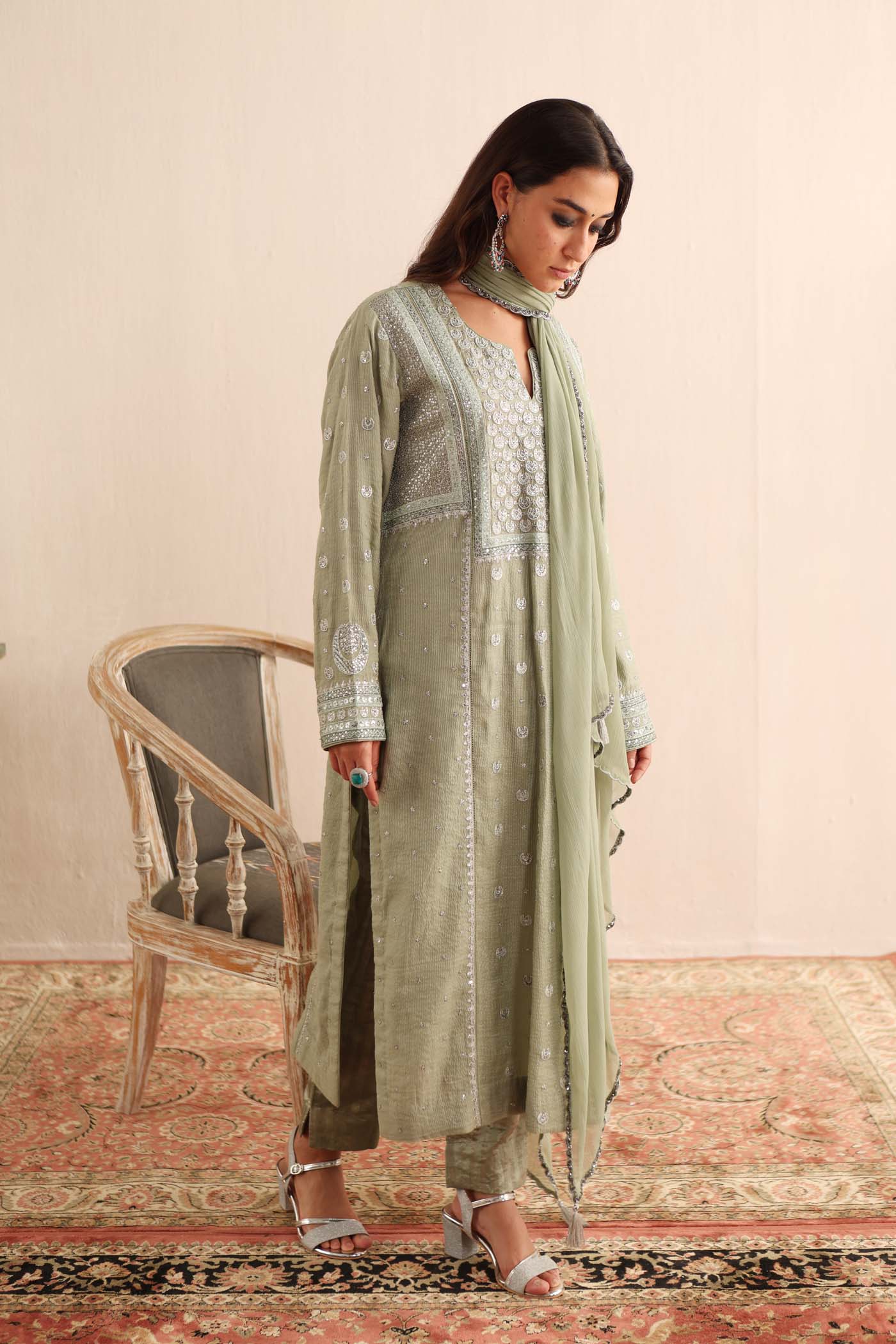 Fern-Green Embroidered (Chaand-Buta) Pure Handloom Silk-Cotton (Stripes & Checks) Kurta-Pants Set