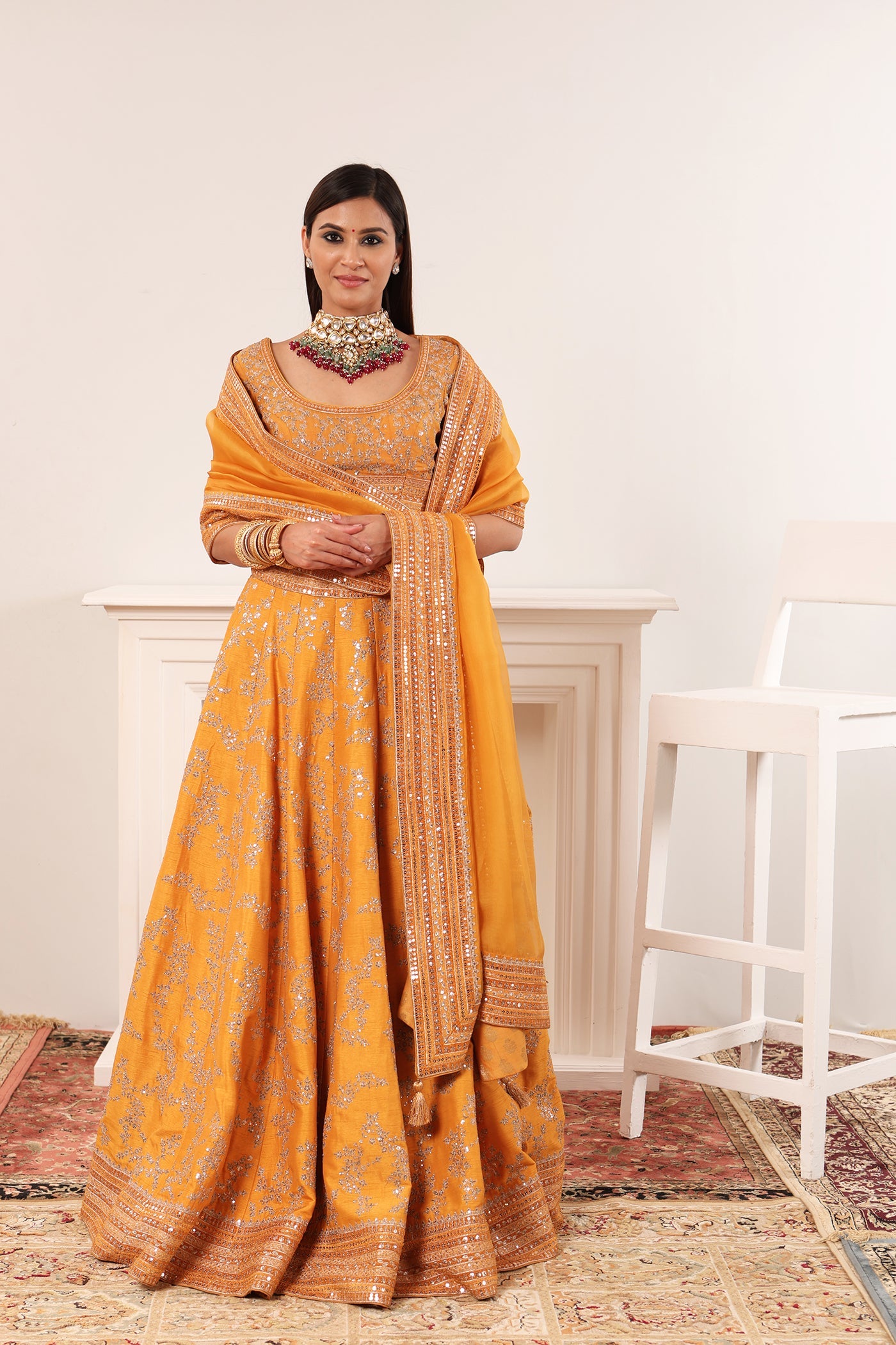 Mustard-Yellow Embroidered Raw-Silk Lehenga-Set With Pure Crepe-Silk Blouse & Pure Silk-Organza Dupatta