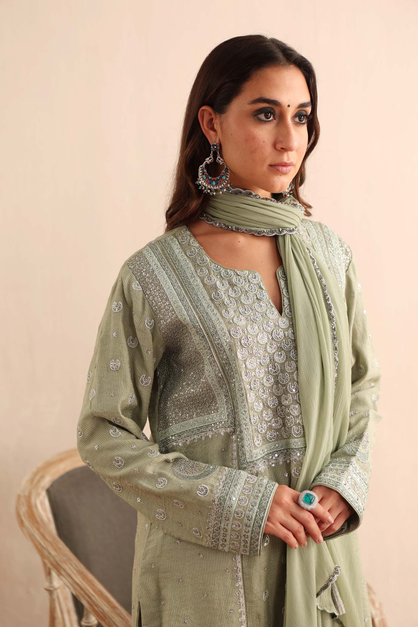 Fern-Green Embroidered (Chaand-Buta) Pure Handloom Silk-Cotton (Stripes & Checks) Kurta-Pants Set