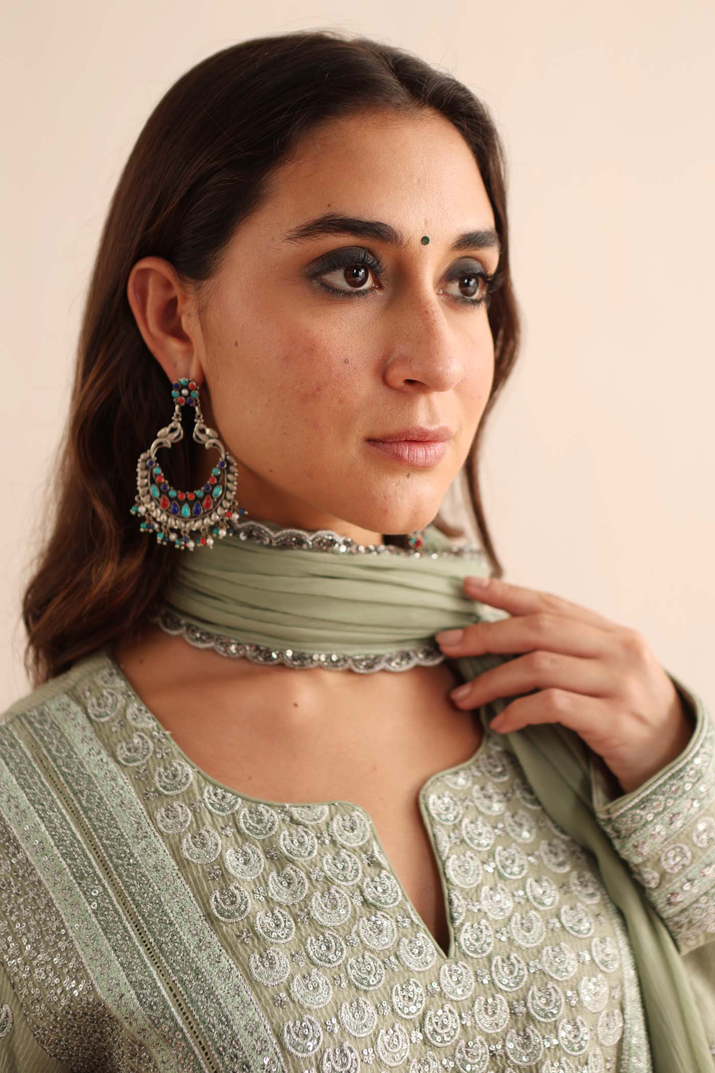 Fern-Green Embroidered (Chaand-Buta) Pure Handloom Silk-Cotton (Stripes & Checks) Kurta-Pants Set