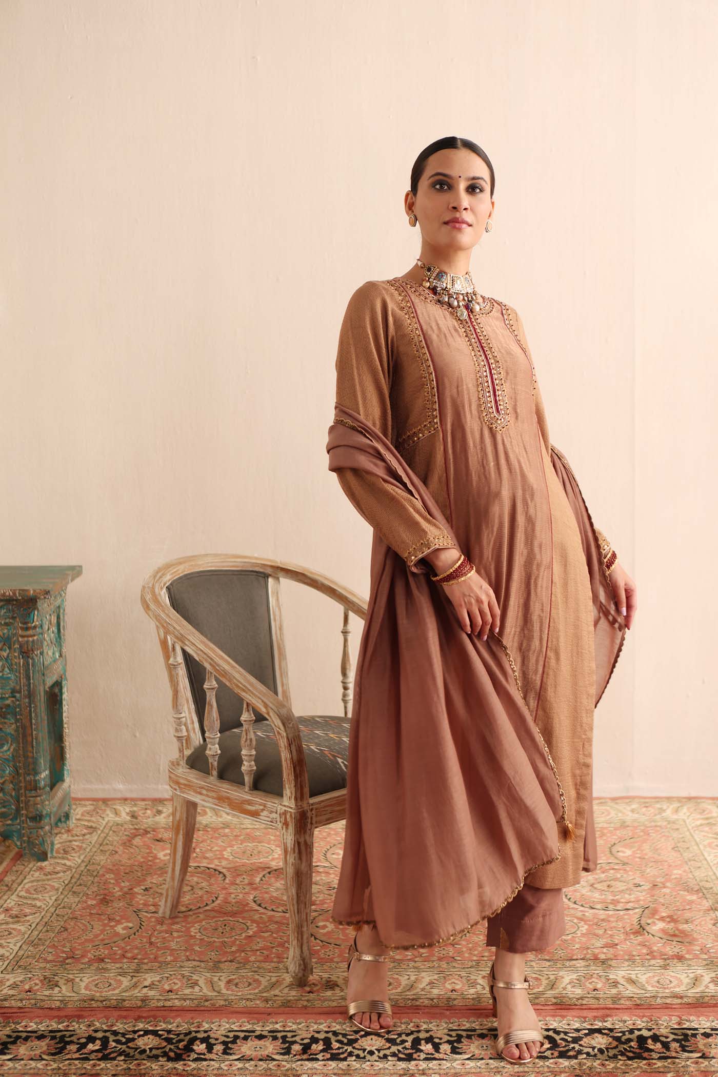 Beige-Brown Hand-Embroidered Handloom Pure Cotton-Silk (Stripes & Checks) Kurta-Pants Set