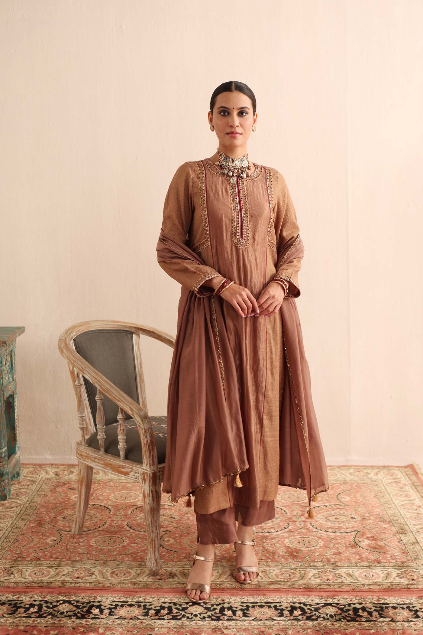 Beige-Brown Hand-Embroidered Handloom Pure Cotton-Silk (Stripes & Checks) Kurta-Pants Set