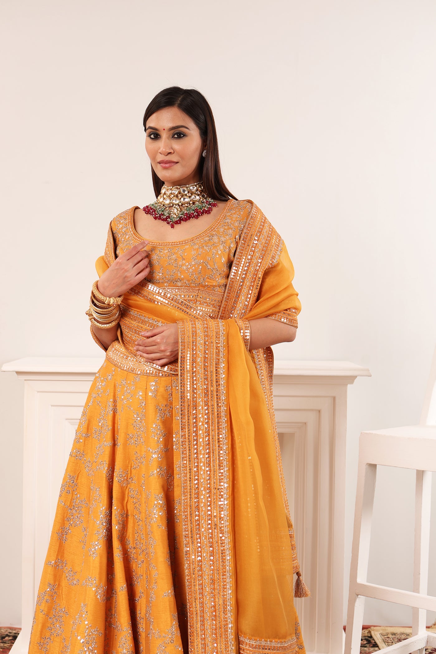 Mustard-Yellow Embroidered Raw-Silk Lehenga-Set With Pure Crepe-Silk Blouse & Pure Silk-Organza Dupatta