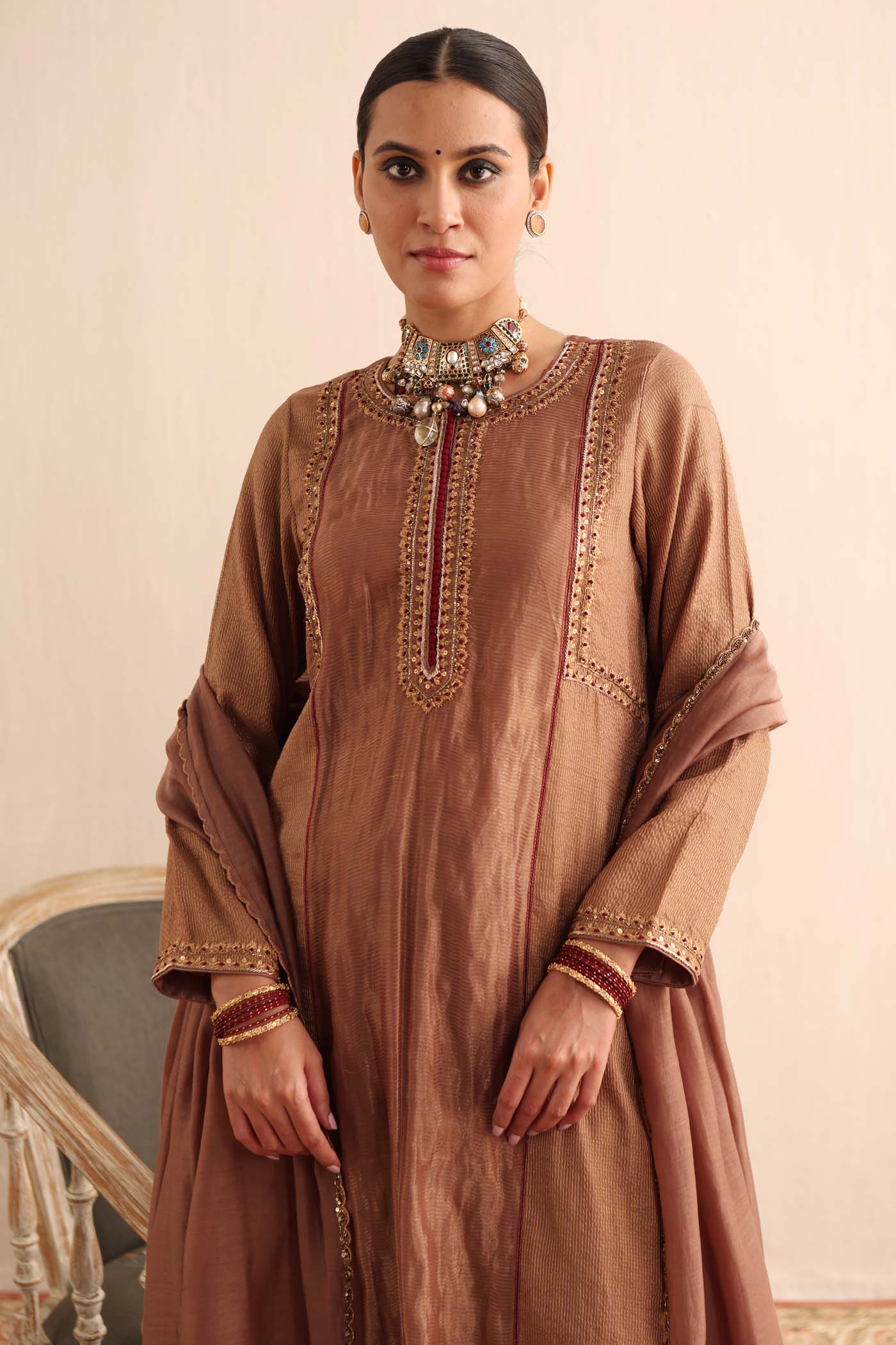 Beige-Brown Hand-Embroidered Handloom Pure Cotton-Silk (Stripes & Checks) Kurta-Pants Set