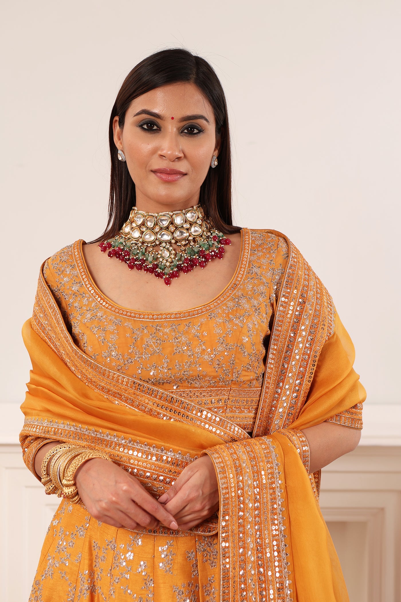 Mustard-Yellow Embroidered Raw-Silk Lehenga-Set With Pure Crepe-Silk Blouse & Pure Silk-Organza Dupatta