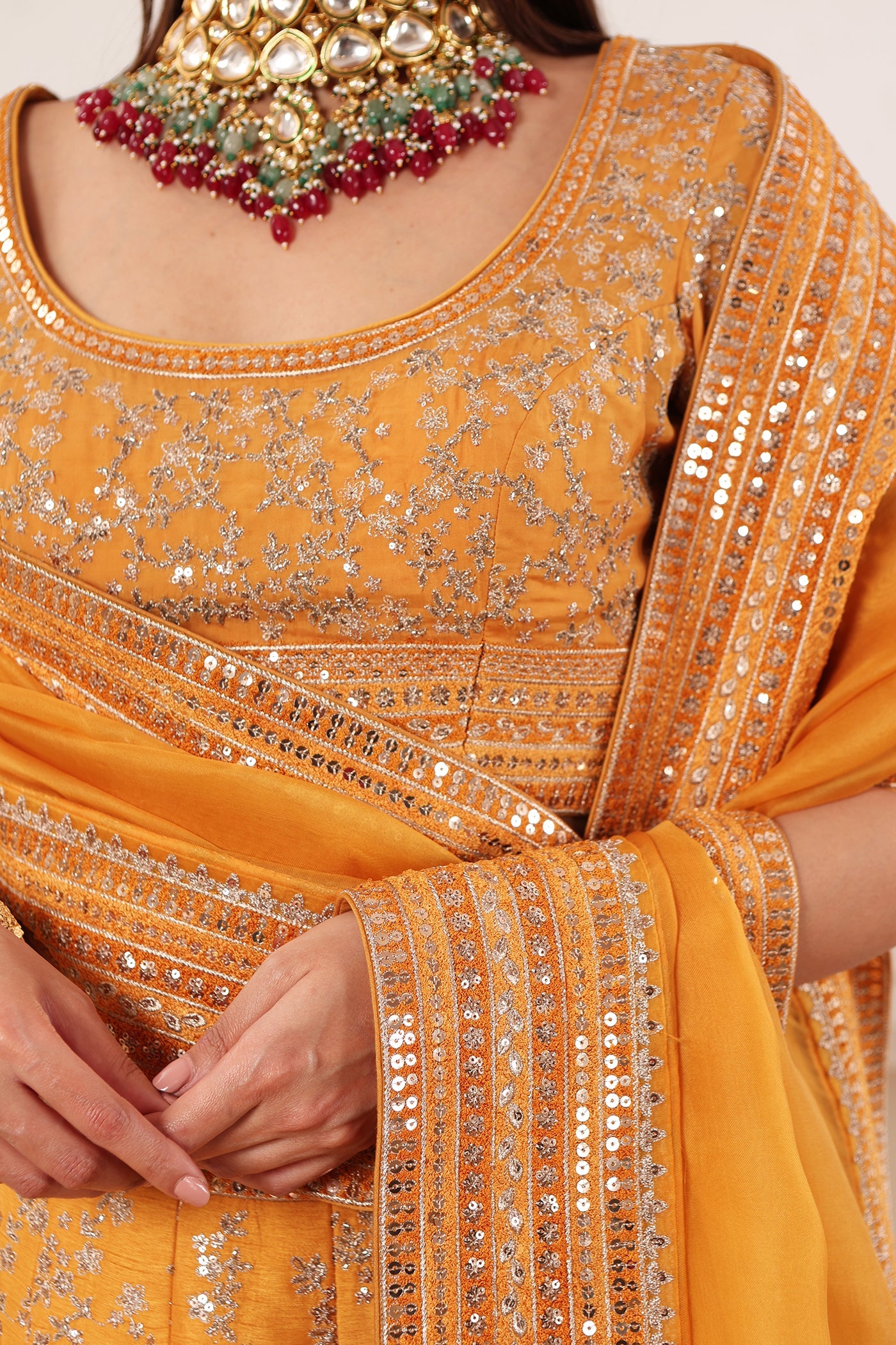 Mustard-Yellow Embroidered Raw-Silk Lehenga-Set With Pure Crepe-Silk Blouse & Pure Silk-Organza Dupatta