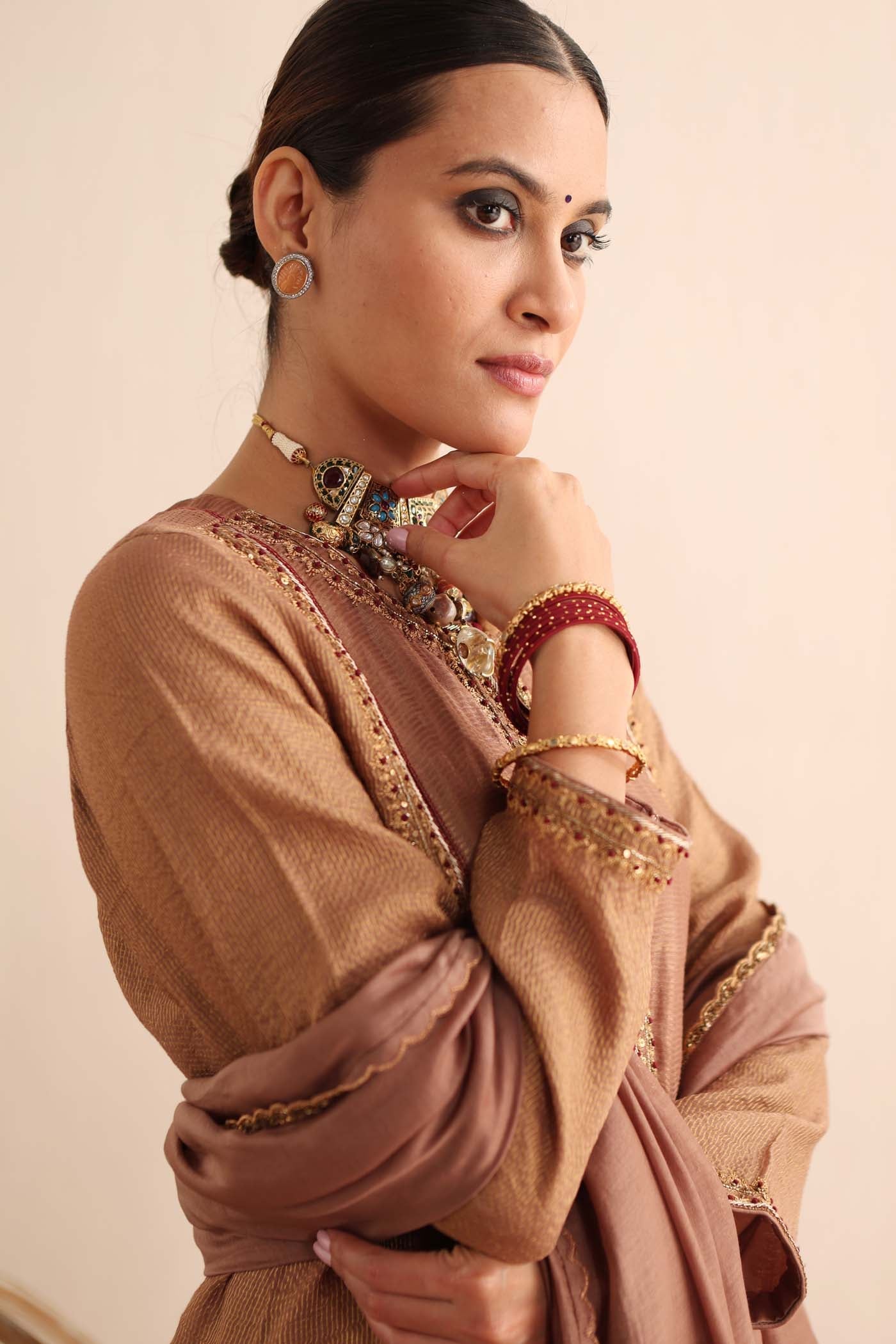 Beige-Brown Hand-Embroidered Handloom Pure Cotton-Silk (Stripes & Checks) Kurta-Pants Set