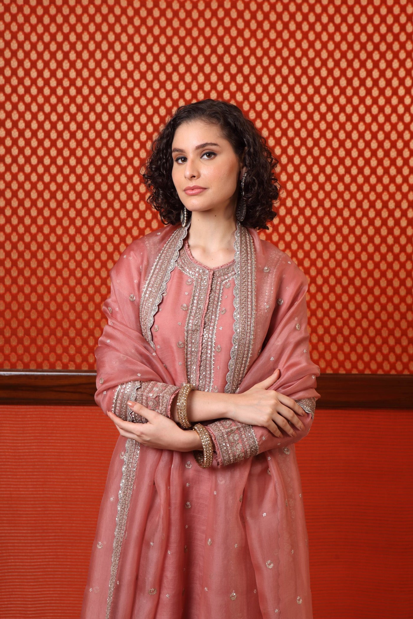 Hand Embroidered Dusty Apricot Pink Pure Katan Silk Chand Buta Kurta Pants Set