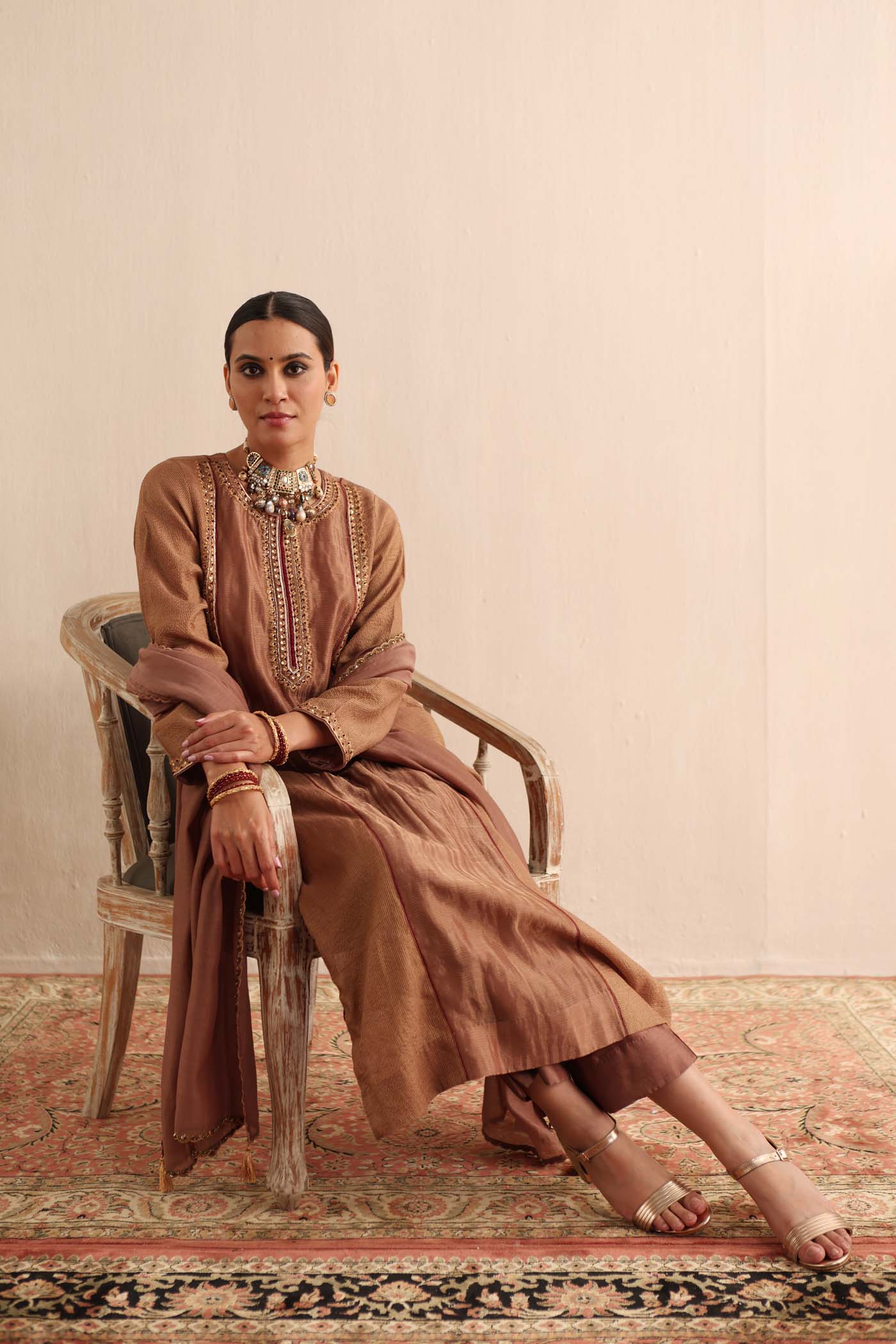 Beige-Brown Hand-Embroidered Handloom Pure Cotton-Silk (Stripes & Checks) Kurta-Pants Set