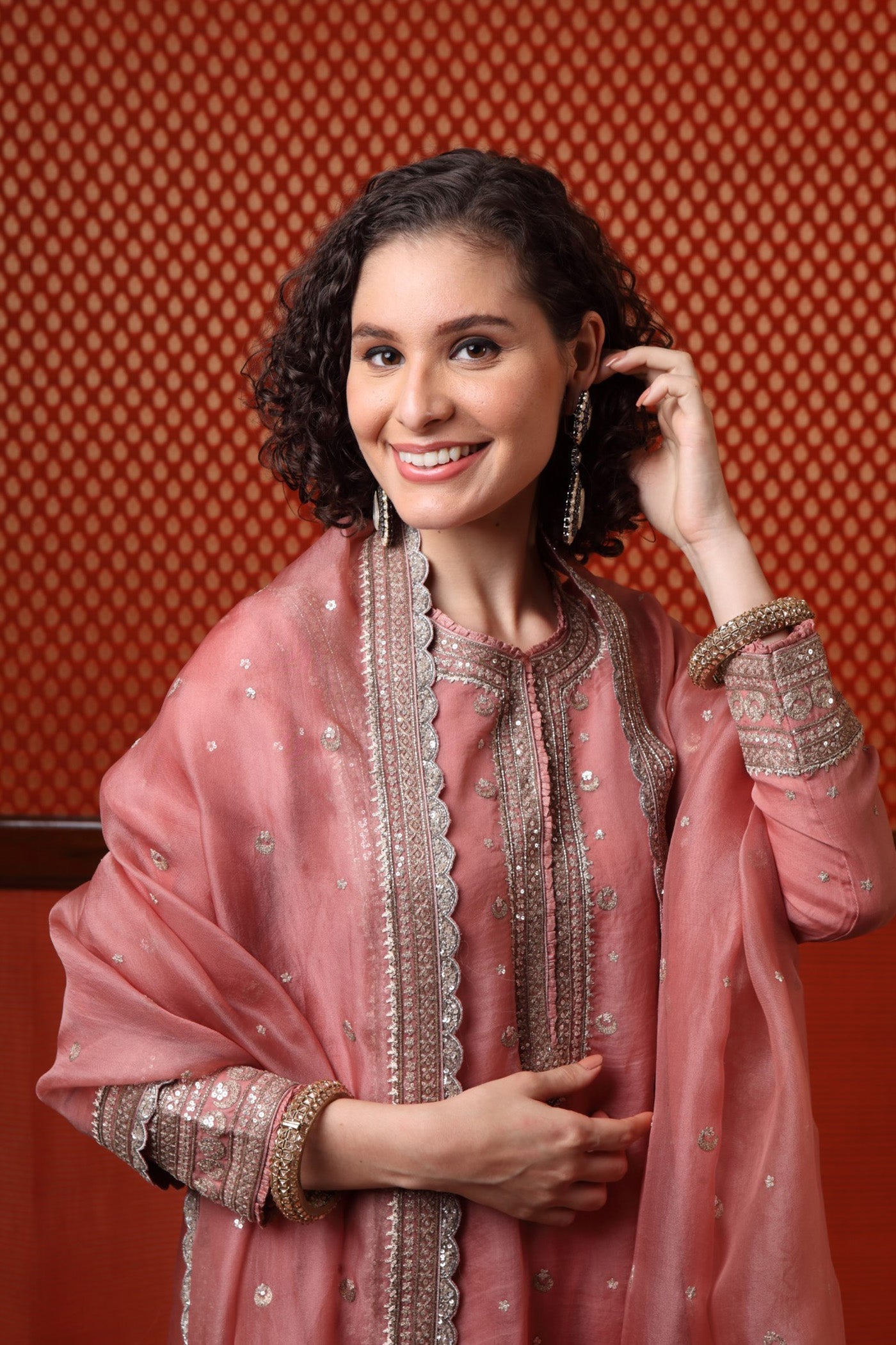 Hand Embroidered Dusty Apricot Pink Pure Katan Silk Chand Buta Kurta Pants Set