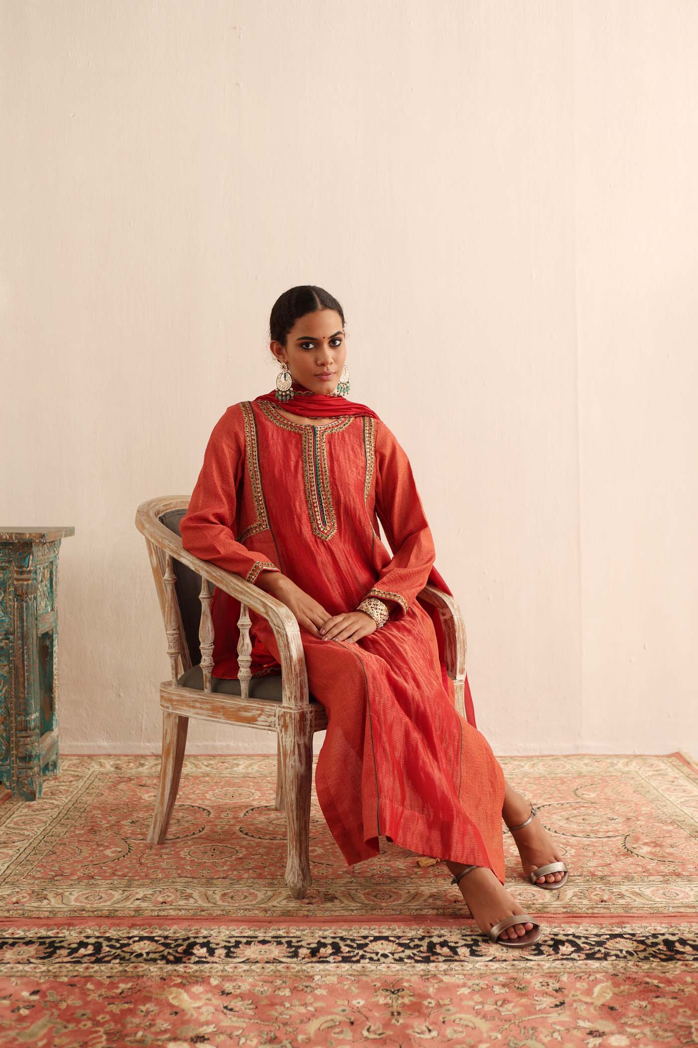 Tomato-Red Hand-Embroidered Handloom Pure Cotton-Silk (Stripes & Checks) Kurta-Pants Set