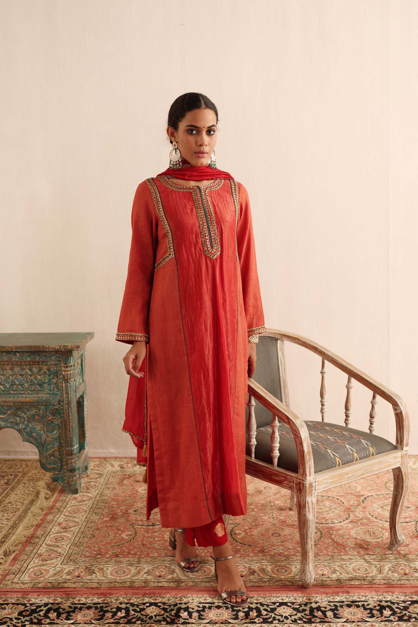 Tomato-Red Hand-Embroidered Handloom Pure Cotton-Silk (Stripes & Checks) Kurta-Pants Set