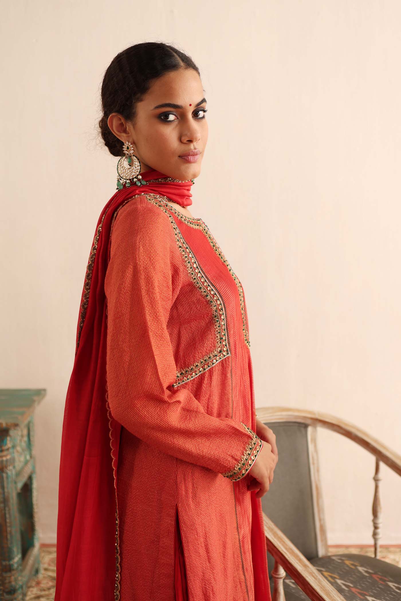 Tomato-Red Hand-Embroidered Handloom Pure Cotton-Silk (Stripes & Checks) Kurta-Pants Set